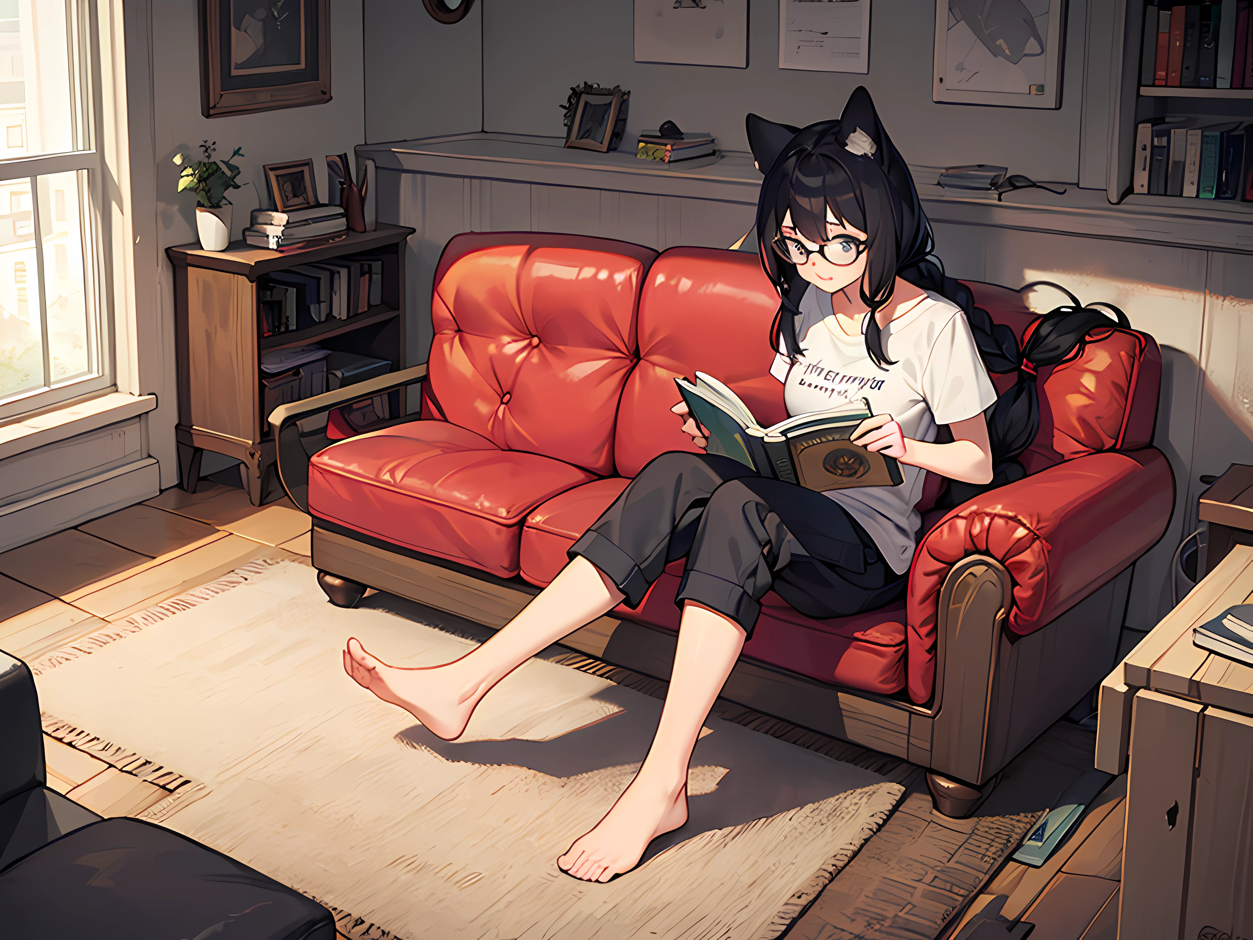Masterpiece, best quality, super detailed, 1girl, fullbody photo, cute and beautiful adult (catgirl), (monstergirl), (black hair gathered in one braid), detailed, big t-shirt, cargo pants, reading glasses, holding a book in her hands, ((empty and abandoned) living room) in the background
