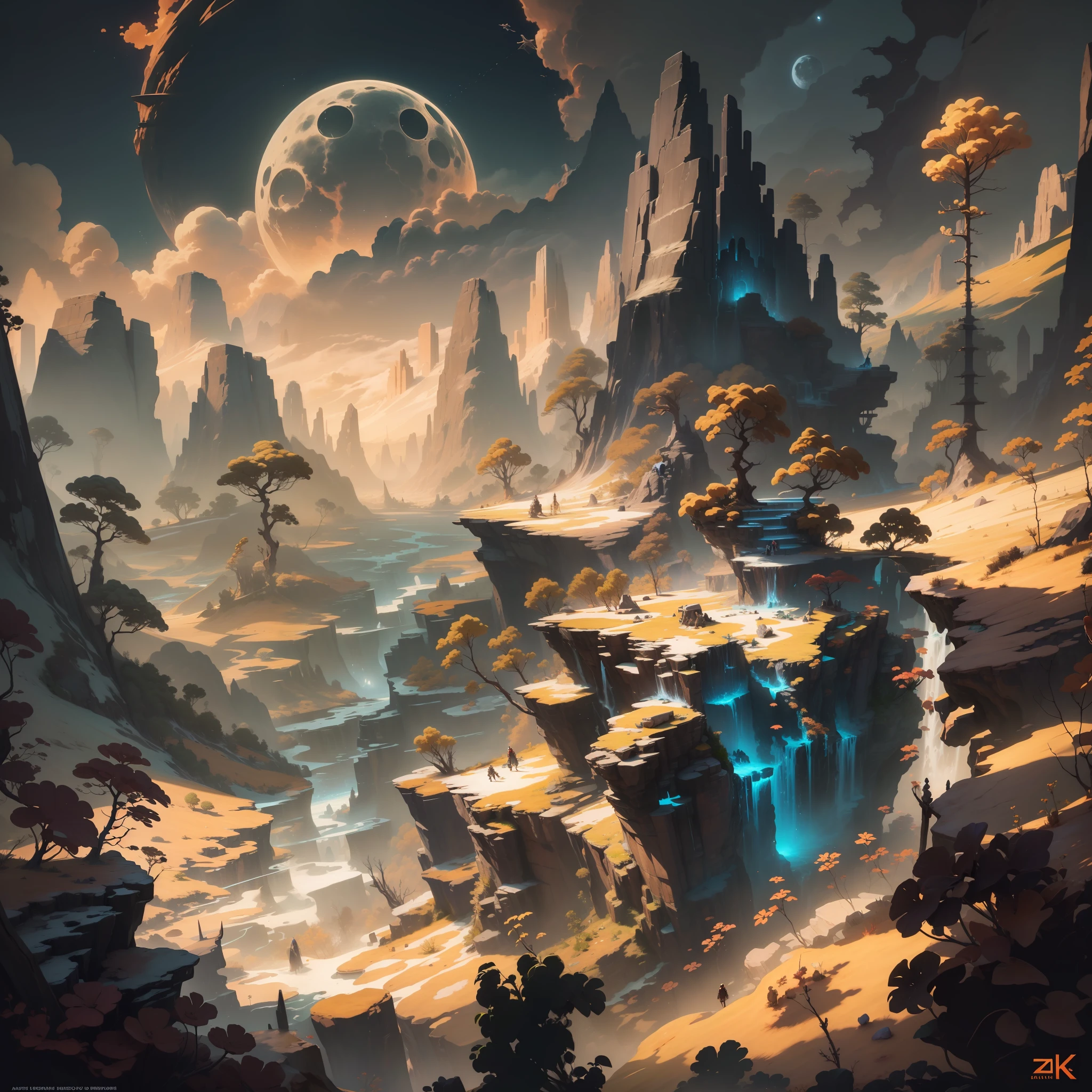 (enlarged: 1.1), mountains and a lake with a moon in the sky, 8k highly detailed digital art, 8k hd very detailed wallpaper, stunning fantasy landscape, sci-fi fantasy desktop wallpaper, unreal engine 8k wallpaper, 4k detailed digital art, sci-fi fantasy wallpaper, epic dreamlike fantasy landscape, 8k hd matte digital painting, 8k stunning art