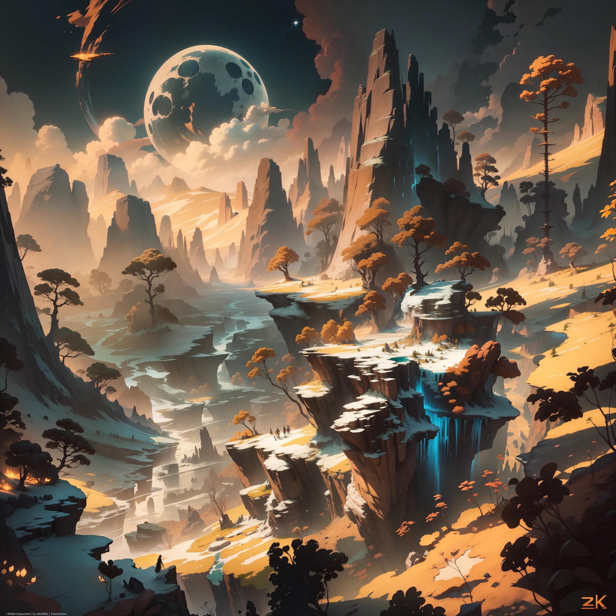 (enlarged: 1.1), mountains and a lake with a moon in the sky, 8k highly detailed digital art, 8k hd very detailed wallpaper, stunning fantasy landscape, sci-fi fantasy desktop wallpaper, unreal engine 8k wallpaper, 4k detailed digital art, sci-fi fantasy wallpaper, epic dreamlike fantasy landscape, 8k hd matte digital painting, 8k stunning art
