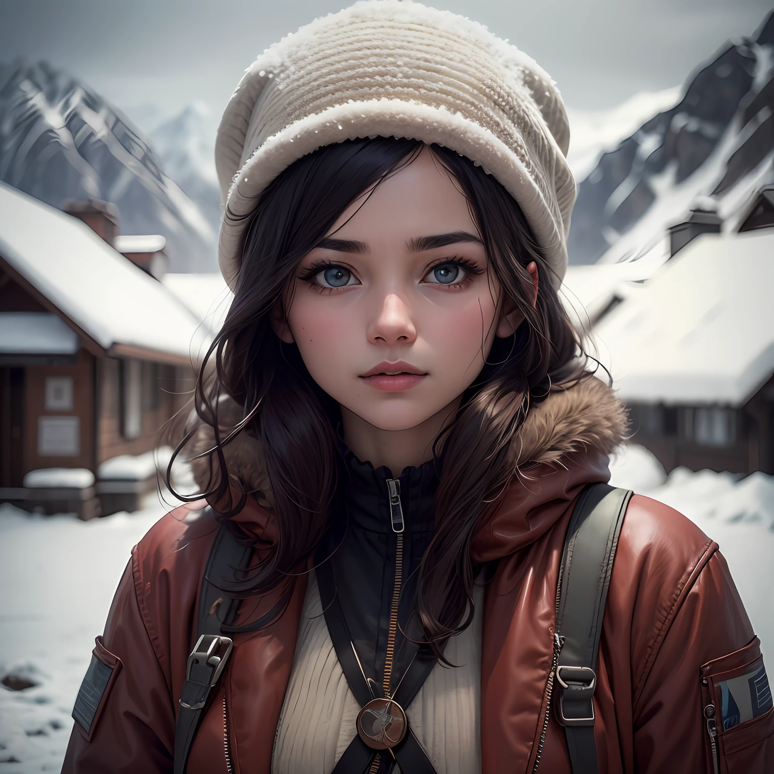 A beautiful portrait of a beautiful young girl, 25 years old, highly detail, HDR, portrait photography, snow mountain cap backgound, camera looking straight, cinematic look, HD --auto