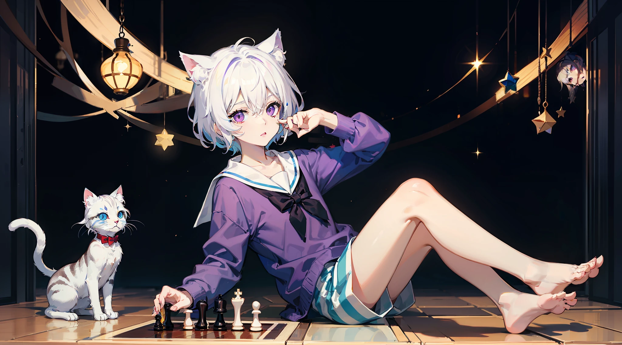 Pale skinned zombie white hair cat ears ,a short hair,Purple eyes,Blue and white striped sailor suit,Blue and white striped shorts,Barefoot,Play chess in the desert