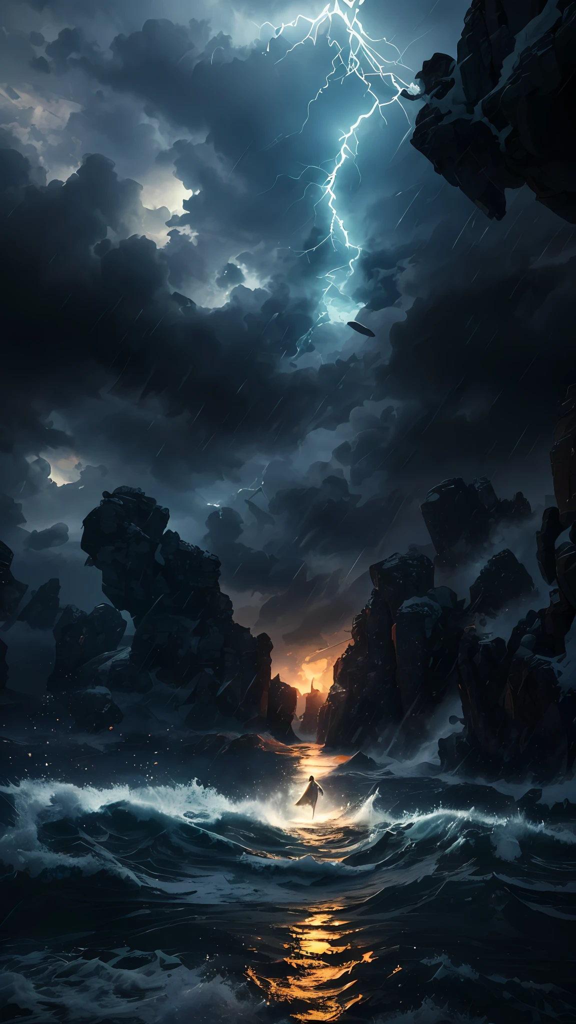 jesus walking on water in a storm, masterpiece, best quality, high quality, extremely detailed CG unit 8k wallpaper, award winning photography, Bokeh, Depth of Field, HDR, bloom, Chromatic aberration, photorealistic, extremely detailed, trending on artstation, trending on CGsociety, intricate, high detail, dramatic, mid-journey art, volumetric lighting --auto