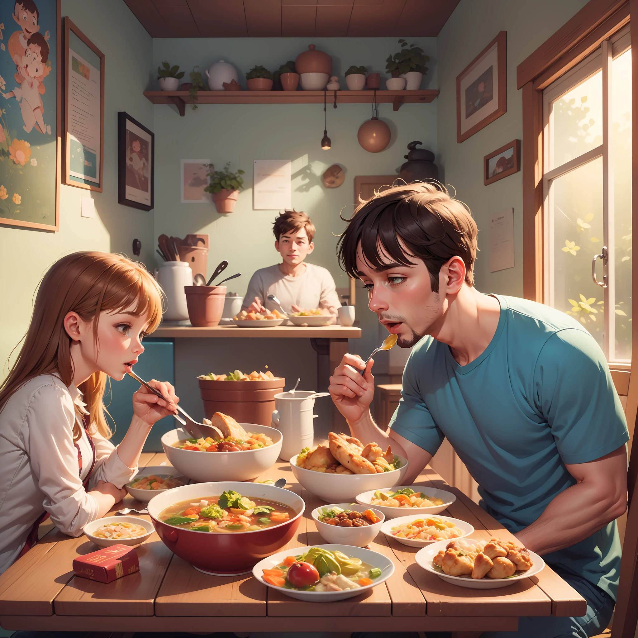 A man and a woman eat together at the dining table，The people inside eat，Casserole on the table,In the casserole is chicken soup,Graphic cartoon illustration，Casserole chicken soup cartoon，Happy family with chicken soup in casserole，hd illustration，exciting illustration，plane illustration，Eat chicken，Cartoon illustration，Children's book illustration，dinner，cooking，Detailed 2D illustration，Commercial illustration，Children's book illustration，full color illustration，2D illustration