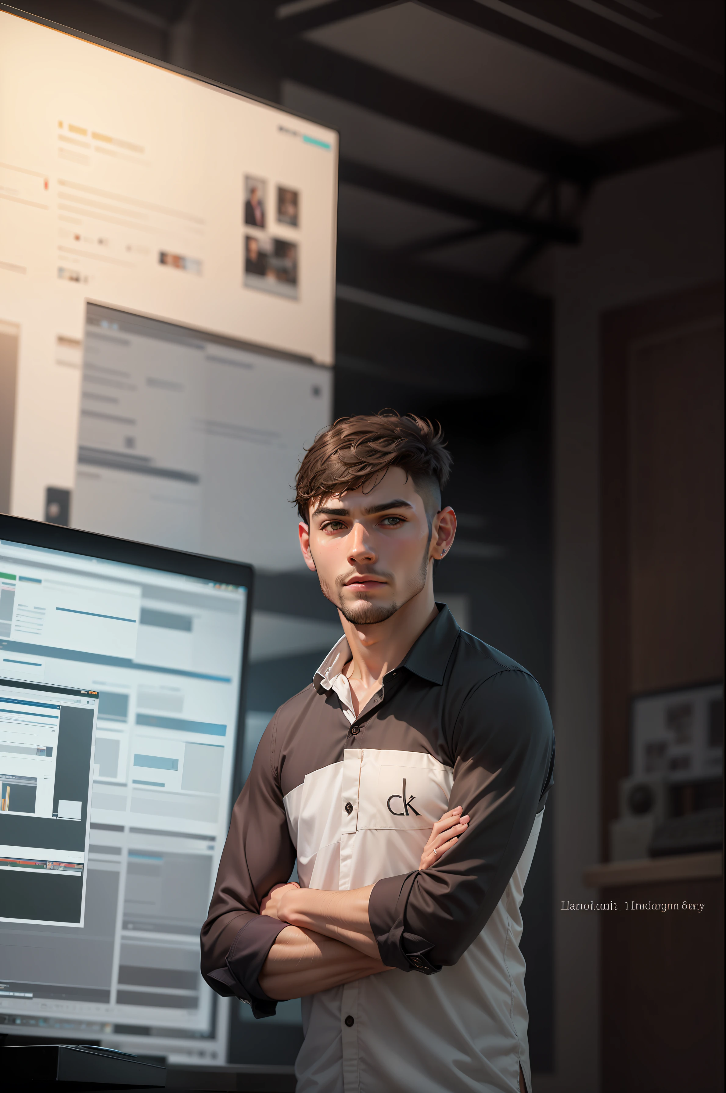 Change background like editor studio and computer's lightings,handsome boy, realistic face, 8k, ultra realistic