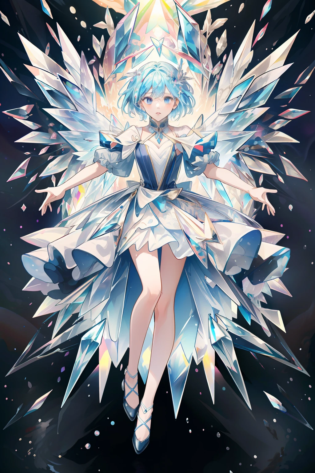 ((best quality)), ((masterpiece)), (detailed),1girl,solo,angel, quan,full body,colorful, extremely detailed CG unity 8k wallpaper, intricate details, kaleidoscopic imagery, symmetrical patterns, vibrant colors, geometric shapes, mesmerizing designs, optical illusions, dynamic composition, pantomime art, crystallineAI