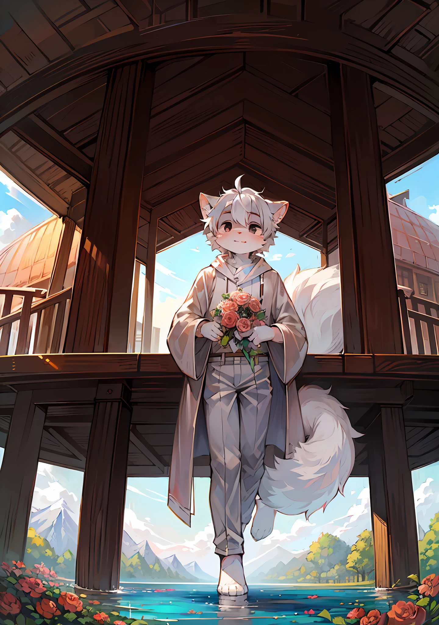 (Bright environment:0.8),masterpiece,high quality,abstract res,digital painting\(artwork\), by dagasi, yupa,kiyosan,(anthro,fluffy fur,character focus:1.1),anthro male cat,short hair,portrait , Bright eyes, panorama, Character focus.(Detailed background:0.7), solo, shaggy, Hairy male, Male focus, anthr,(Full body fur, Fluffy big tail, White fur, Black eyes, White hair:1.2), (Long canids、Junior high school student、White robe，White trousers，White top with long sleeves：1.2），（Bright outdoors，fairyland，pavilion，Lake，Bouquet，fine，shy：1.1）