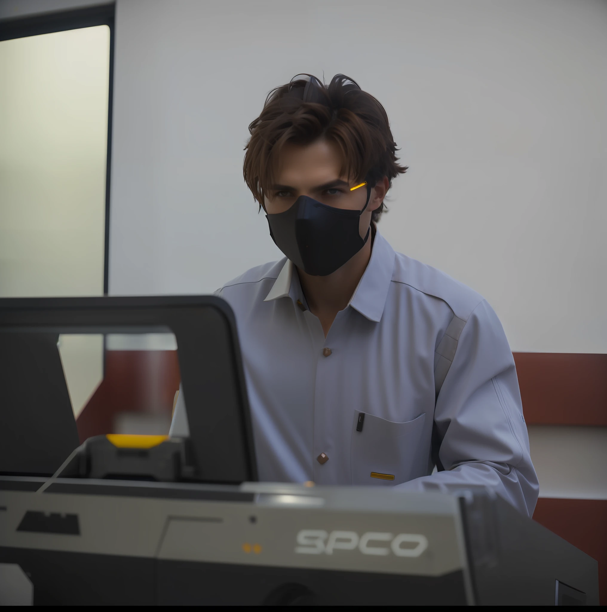 fking_scifi, award-winning photo of a man, black flight suit with yellow accents, brown hair, (gray eyes:1.35), square jawline, asymmetric face, standing in front of a window on a space ship, 80mm, bokeh, mass effect, close up, fking_cinema_v2