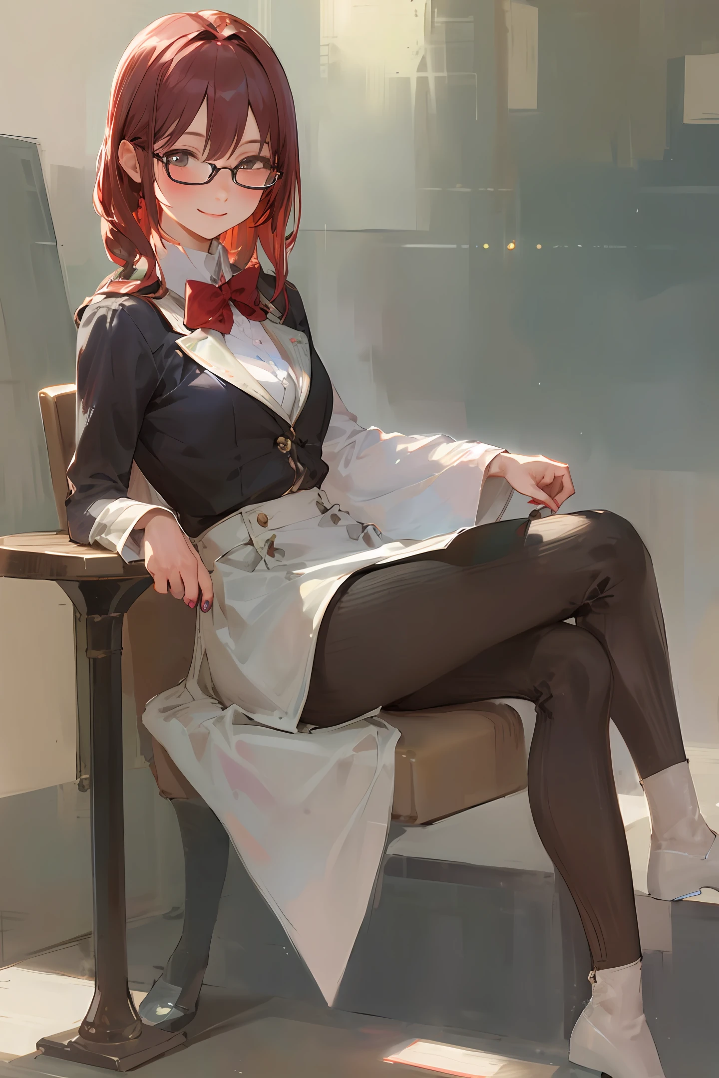 big chest,Big ass,your legs on a stool,A charming smile,heels,Red nail polish