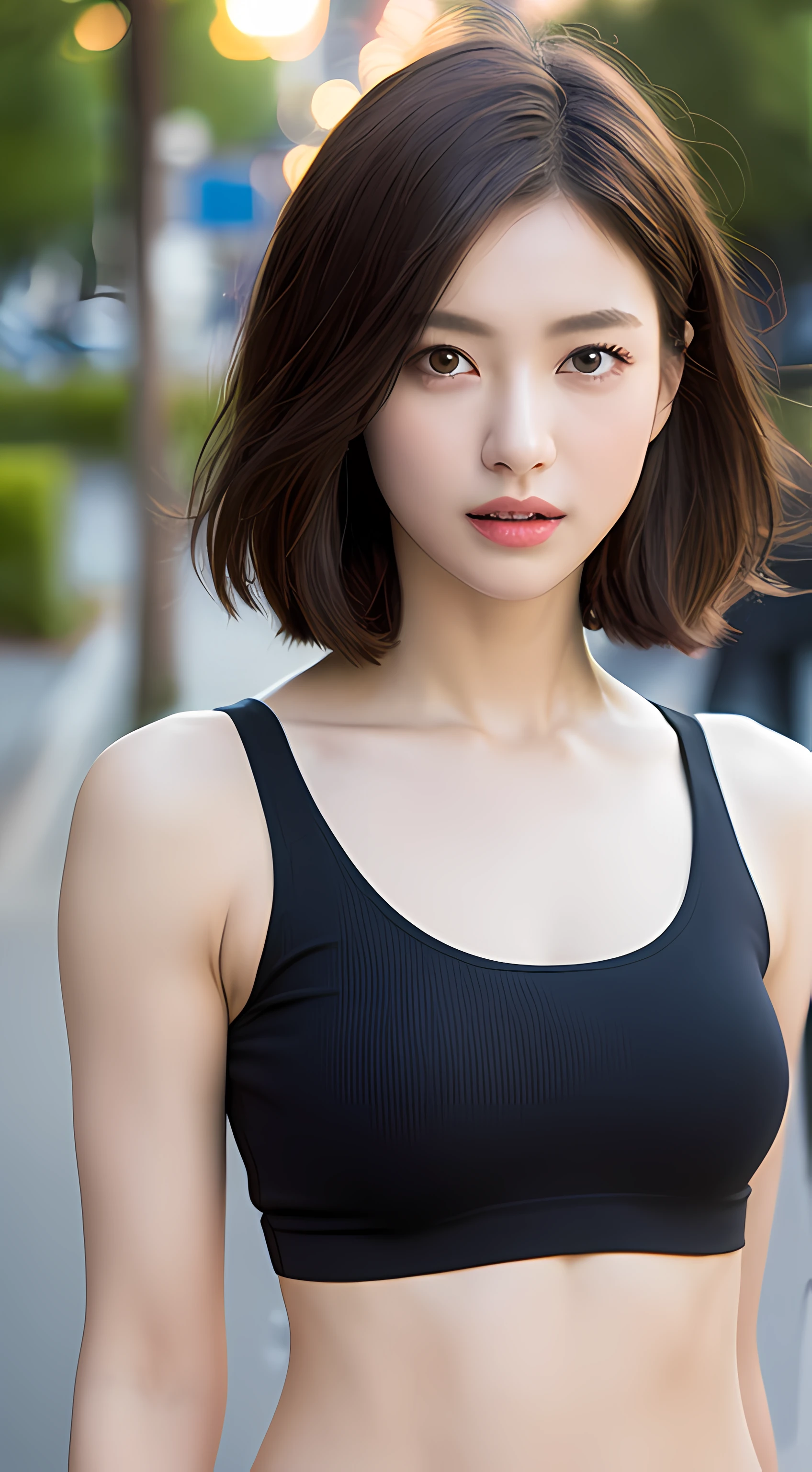 ((Realistic lighting, Best quality, 8K, Masterpiece: 1.3)), Clear focus: 1.2, 1girl, Perfect beauty: 1.4, Slim abs: 1.1, ((Dark brown hair)), (White crop top: 1.4), (Outdoor, Night: 1.1), Park view, Super fine face, Fine eyes, Double eyelids,
