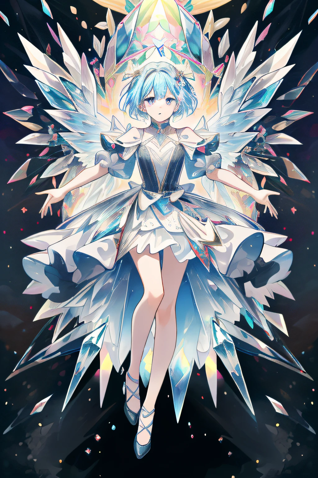 ((best quality)), ((masterpiece)), (detailed),1girl,solo,angel, quan,full body,colorful, extremely detailed CG unity 8k wallpaper, intricate details, kaleidoscopic imagery, symmetrical patterns, vibrant colors, geometric shapes, mesmerizing designs, optical illusions, dynamic composition, pantomime art,  crystallineAI