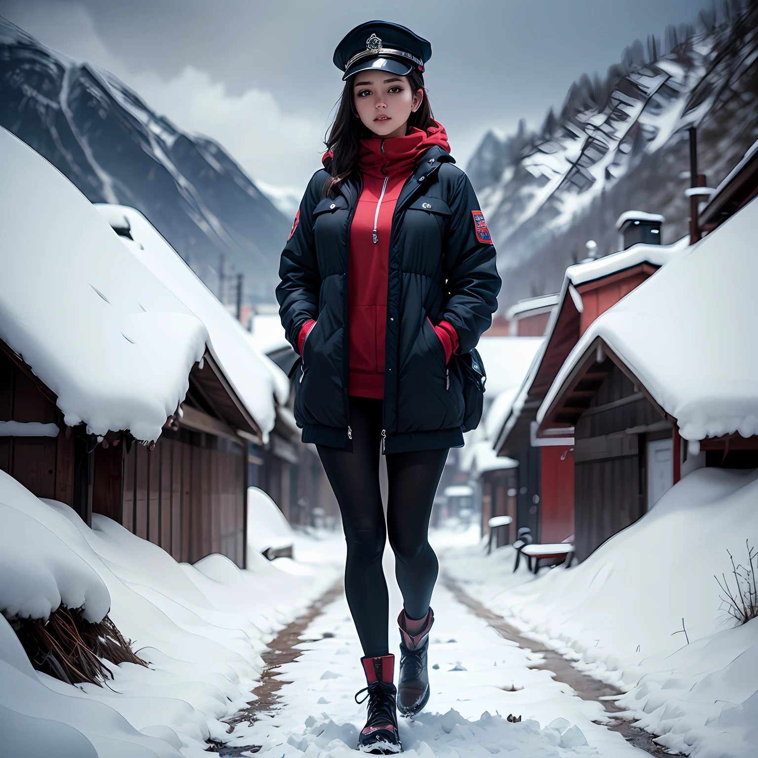 A beautiful portrait of a beautiful young girl, 25 years old, highly detail, HDR, portrait photography, (full body picture), snow mountain cap background, camera looking straight, cinematic look, HD