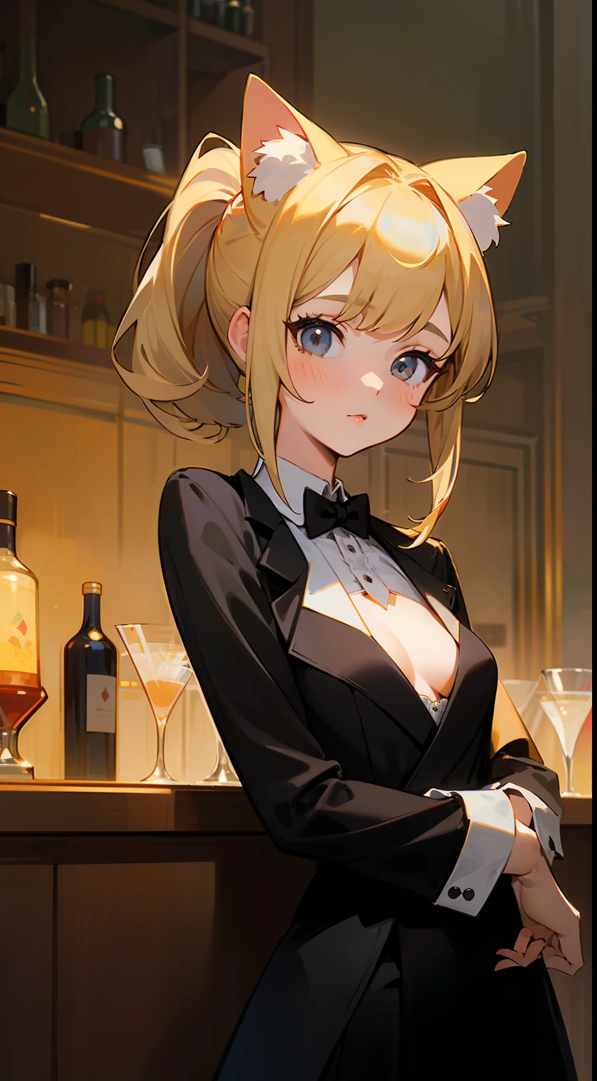 ((master masterpiece)), ((Best image quality)), an illustration, A girl１people, Hair color, bangs, Hairstyle Fax,cat ear、 Portrait from the waist up,  ((Small breasts))、Maiden、Body details、tuxedo、 Maiden、 Bright blonde hair,ponytail、　Gray eyes、 Dull bangs、Gentlemanly pose、bartender、Atmospheric downtown bar、cocktail、martini