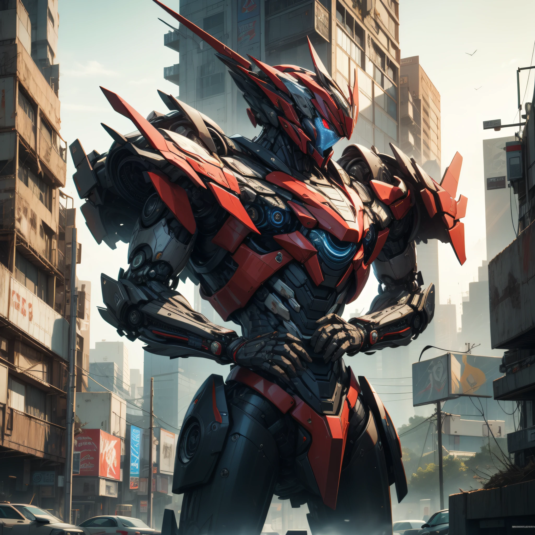 The mech,Red,argent,Sense of brokenness,Future technology,Humanoid,futurism,Cyberpunk,well detailed
