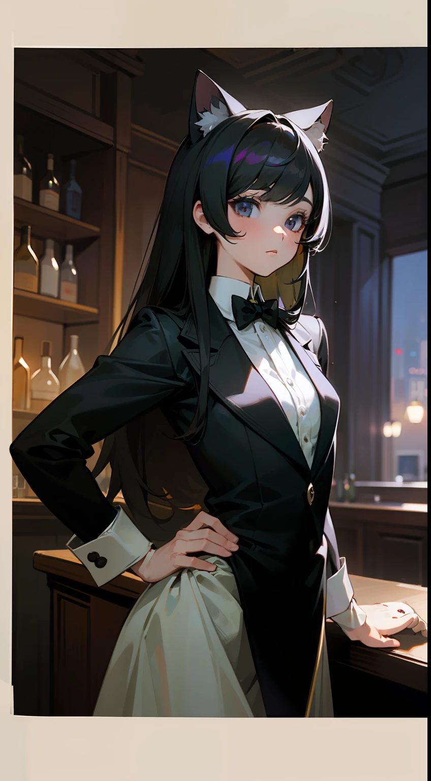 ((master masterpiece)), ((Best image quality)), an illustration, A girl1people, Hair color, bangs, Hairstyle Fax,cat ear、 Portrait from the waist up, ((Small breasts))、Maiden、Body details、tuxedo、 Maiden、 long black hair of light green, Gray eyes、 Dull bangs、Gentlemanly courtesy、bartender、Atmospheric downtown bar