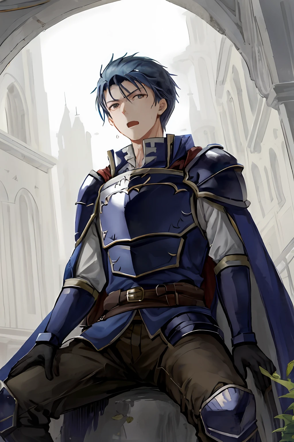 Hector Fey, solo, looking at the viewer, serious, opened mouth,perspire,Drenched,Get wet,dribble, glove, 1boy, Blue hair,Male focus,sitting(Sit straddled),Cloak,Armour,from below,