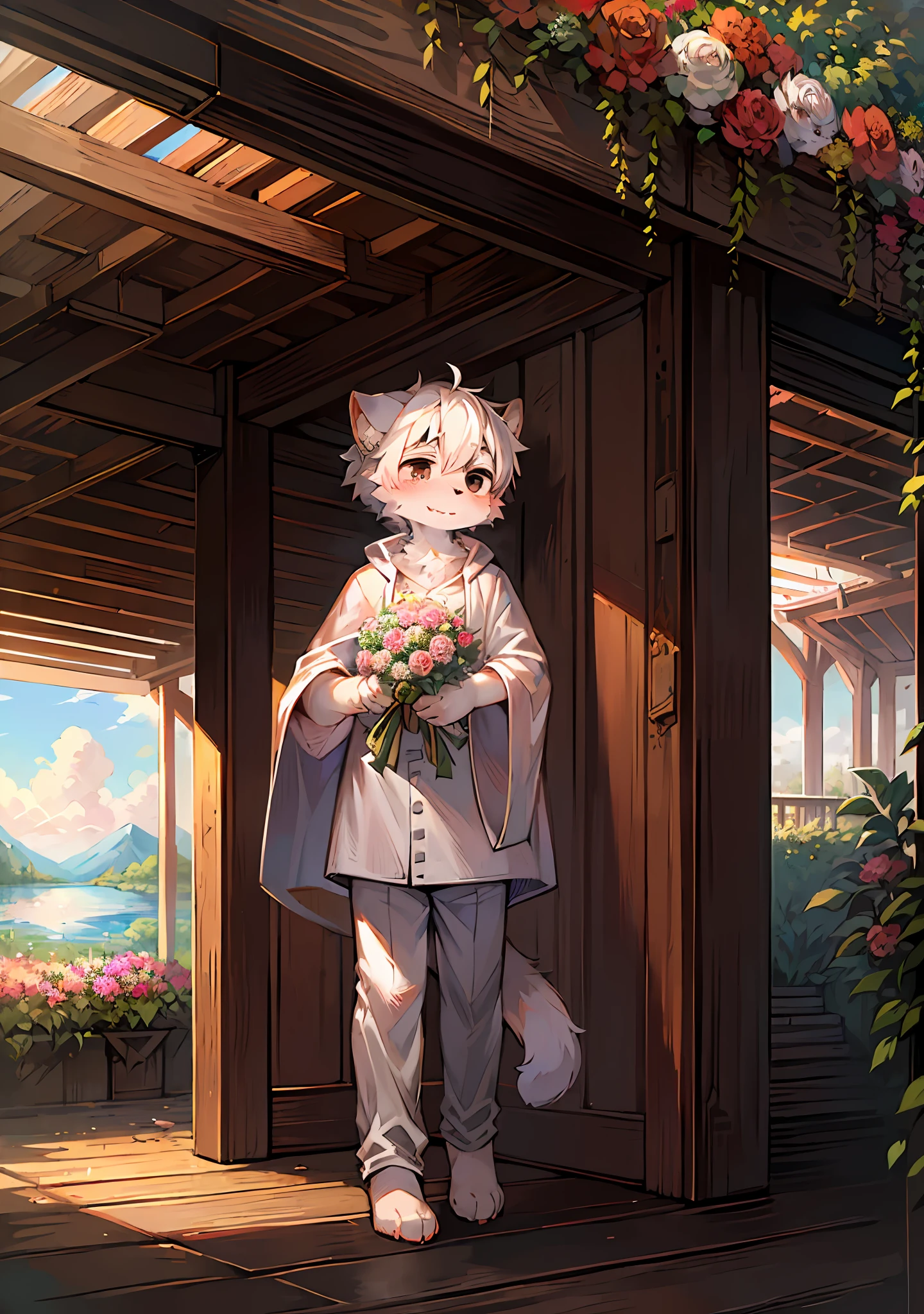 (Bright environment:0.8),Masterpiece,high-quality,abstract res,Digital painting\(piece of art\), By Dagasi, Yupa,Kiyosan,(anthro,Fluffy fur,Character focus:1.1),anthro male cat,Short hair,portrait , Bright eyes, panorama, Character focus.(Detailed background:0.7), solo, shaggy, Hairy male, Male focus, anthr,(Full body fur, Fluffy big tail, White fur, Black eyes, White hair:1.2), (Long canids、Junior high school student、White robe,White trousers,White top with long sleeves:1.2),(Bright outdoors,a paradise,pavilion,Lake,Bouquet,Fine,shy:1.1)