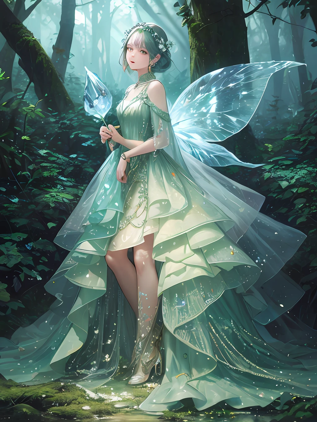 Masterpiece, ultra-high resolution, in a fantastic forest, countless lights shining through the trees, infinite depth, very beautiful and detailed green dress, crystal clear dress, craftsmanship, top quality, 9 life women, crystal effect, silver accessories, forest fairy, forest spirit, (Maximalism: 1.8)