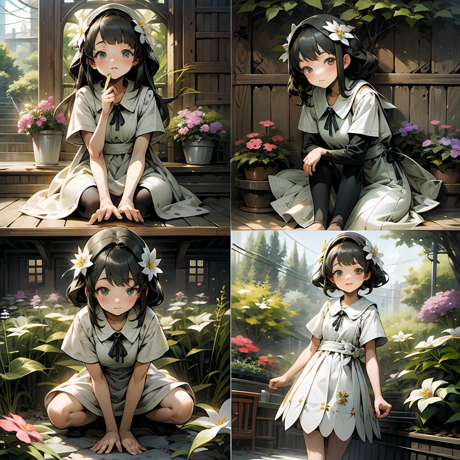 cute girls、5th grade elementary school student、the whole body、Different angles、Ghibli Style、an illustration、White dress、Flower garden