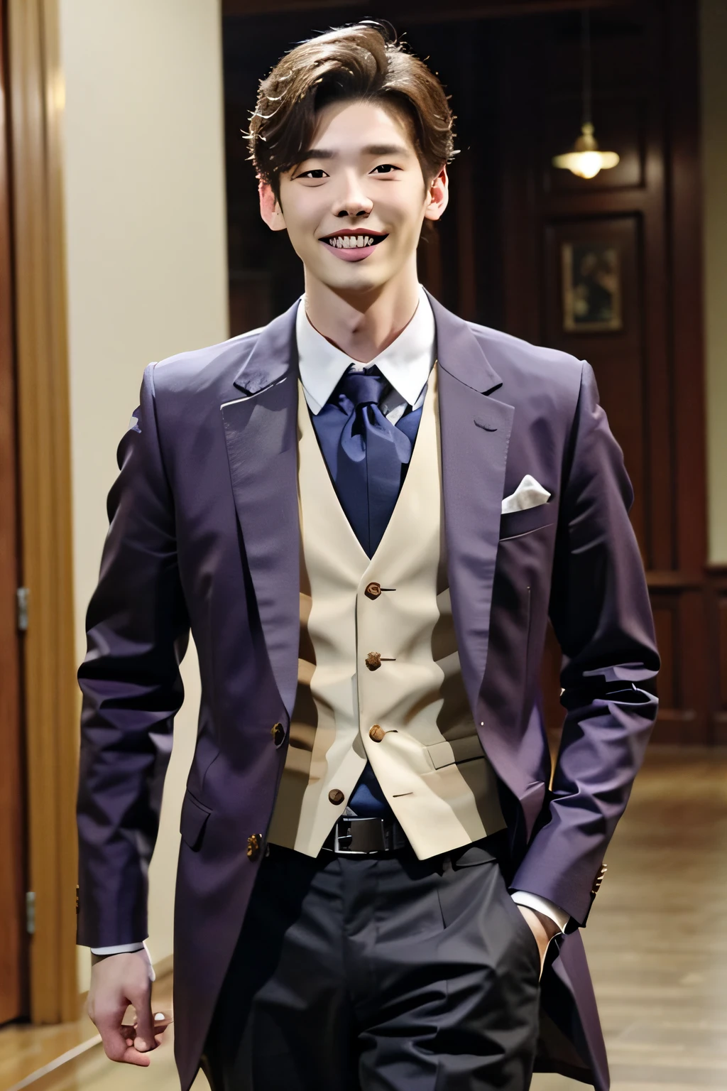 A handsome man in a Tang costume with a smile on his face