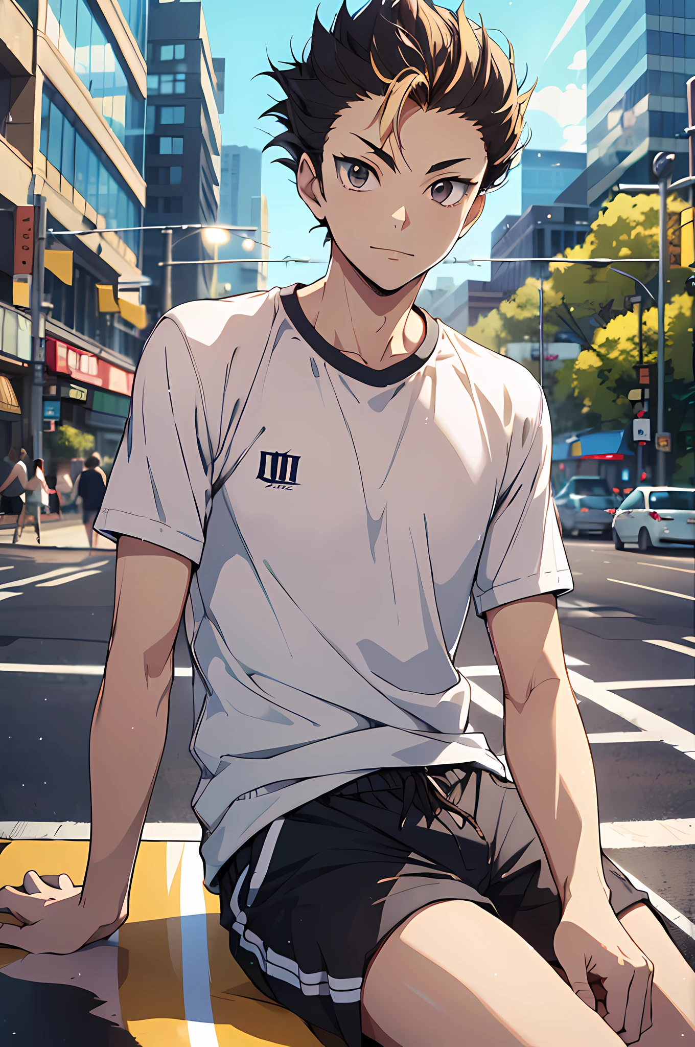 (absurdres, highres, ultra detailed, HDR), masterpiece, best quality, Yuu Nishinoya, 1boy, solo, handsome, white t-shirt, shorts pant, sitting, park, city, sunny day, happiness,