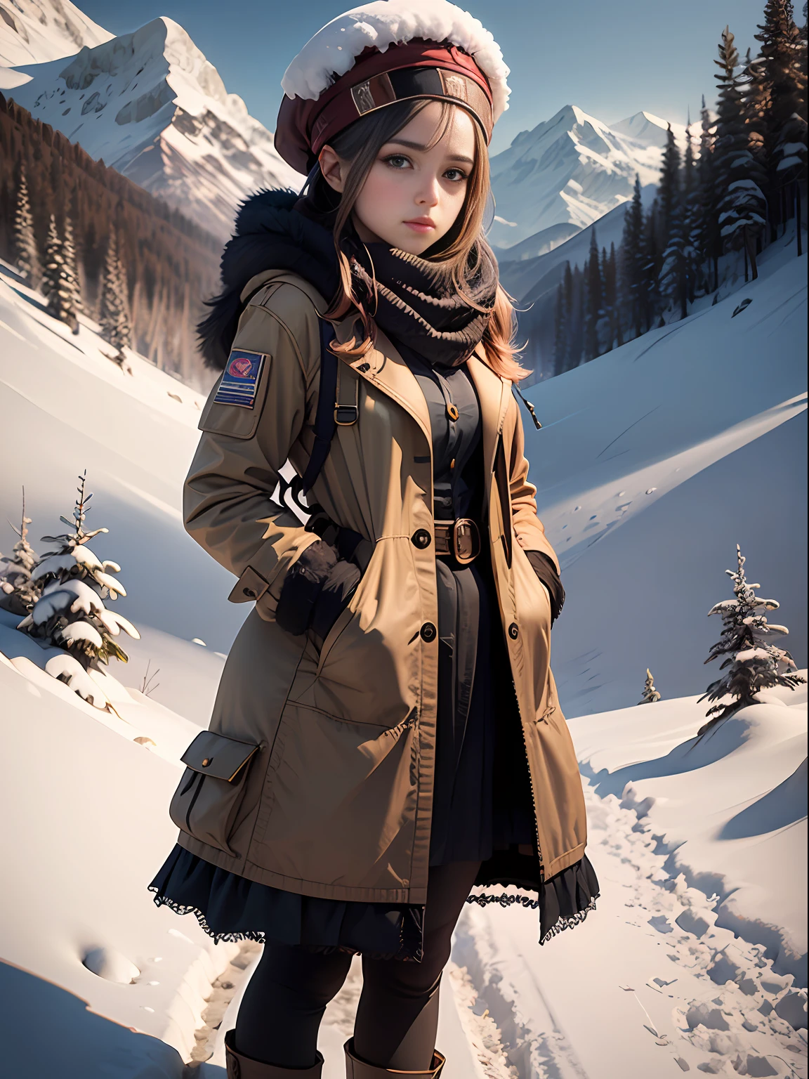 A beautiful portrait of a beautiful young girl, 25 years old, highly detail, HDR, portrait photography, (full body picture), snow mountain cap background, camera looking straight, cinematic look, HD