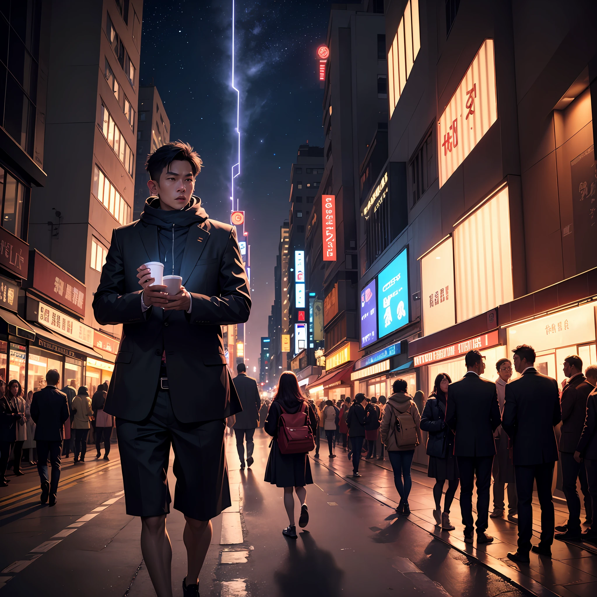 Night falls,The city is lit up,
Bright as a star,Twinkle in the night sky。
Streets,Heavy traffic,
In the hustle and bustle,There was a faint nocturne ,true,8k, --auto
