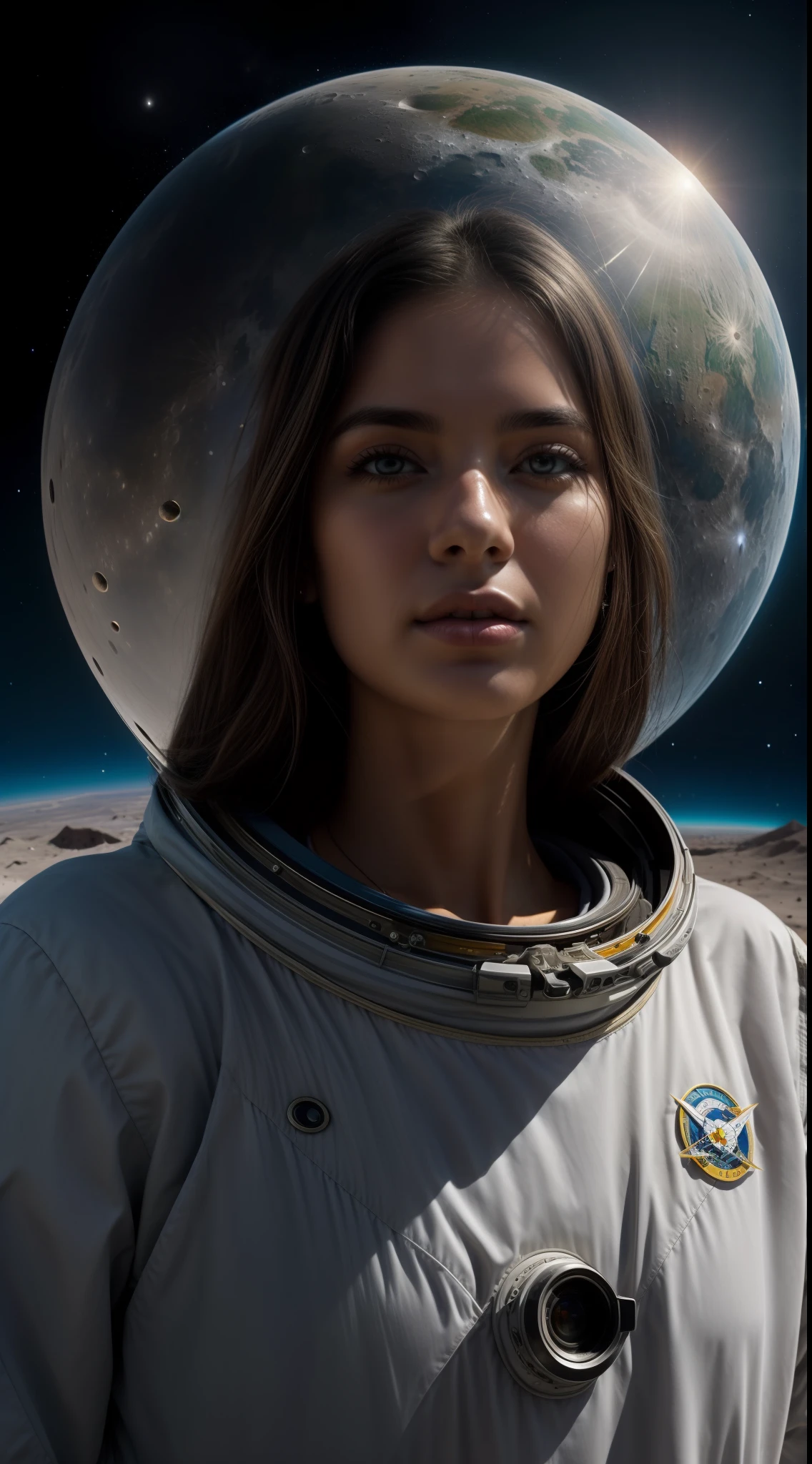 Na imagem, A stunning 18-year-old young woman is portrayed in an absolutely surreal setting: a lua. The young woman's beauty is as stunning as the incredibly detailed lunar scenery around her.
She's wearing a modern space suit., moldado para acentuar sua forma esbelta. O material branco perolado do traje contrasta maravilhosamente com a paisagem lunar cinza. O capacete do traje, transparente, allows a clear view of your face.
Seus olhos brilhantes e expressivos parecem conter todo o esplendor das estrelas, refletindo uma mistura de curiosidade e deslumbramento. Your skin is smooth and clear like alabaster, enhanced by the soft illumination of the distant sun. Seus cabelos, soltos e flutuando levemente em gravidade zero, adicionam um toque de feminilidade ao traje espacial robusto.
The moon in the background is depicted in exceptional detail. The arid and rugged surface, salpicada de crateras, oferece um contraste fascinante com a suavidade da figura feminina. The colors are a mixture of shades of gray, creating a monotonous vision that only intensifies the astronaut's brilliance.
Ao longe, planet Earth is visible, a bright blue and green sphere against the starry mantle of space. Earth's view from space, with their white cloud patterns, oceanos azuis e terras verdes, adds additional depth to the scene.
The image is both mysterious and fascinating, a junction of human beauty with the grandeur of the universe. Ela fala da coragem e da curiosidade da jovem, enough to explore the immensity of the cosmos, e ao mesmo tempo, It depicts the tranquility and peaceful beauty of the space. It is a visual representation of humanity's encounter with the unknown and the eternal quest for exploration and understanding.