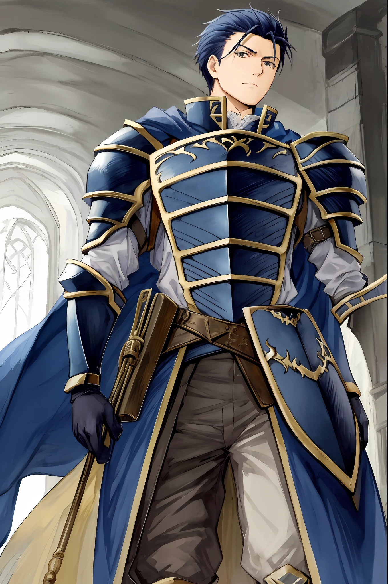 Hector Fey, solo, looking at the viewer, wrath,abhor, glove, 1boy, Male focus, Cloak, Armour, Shoulder armor, from below