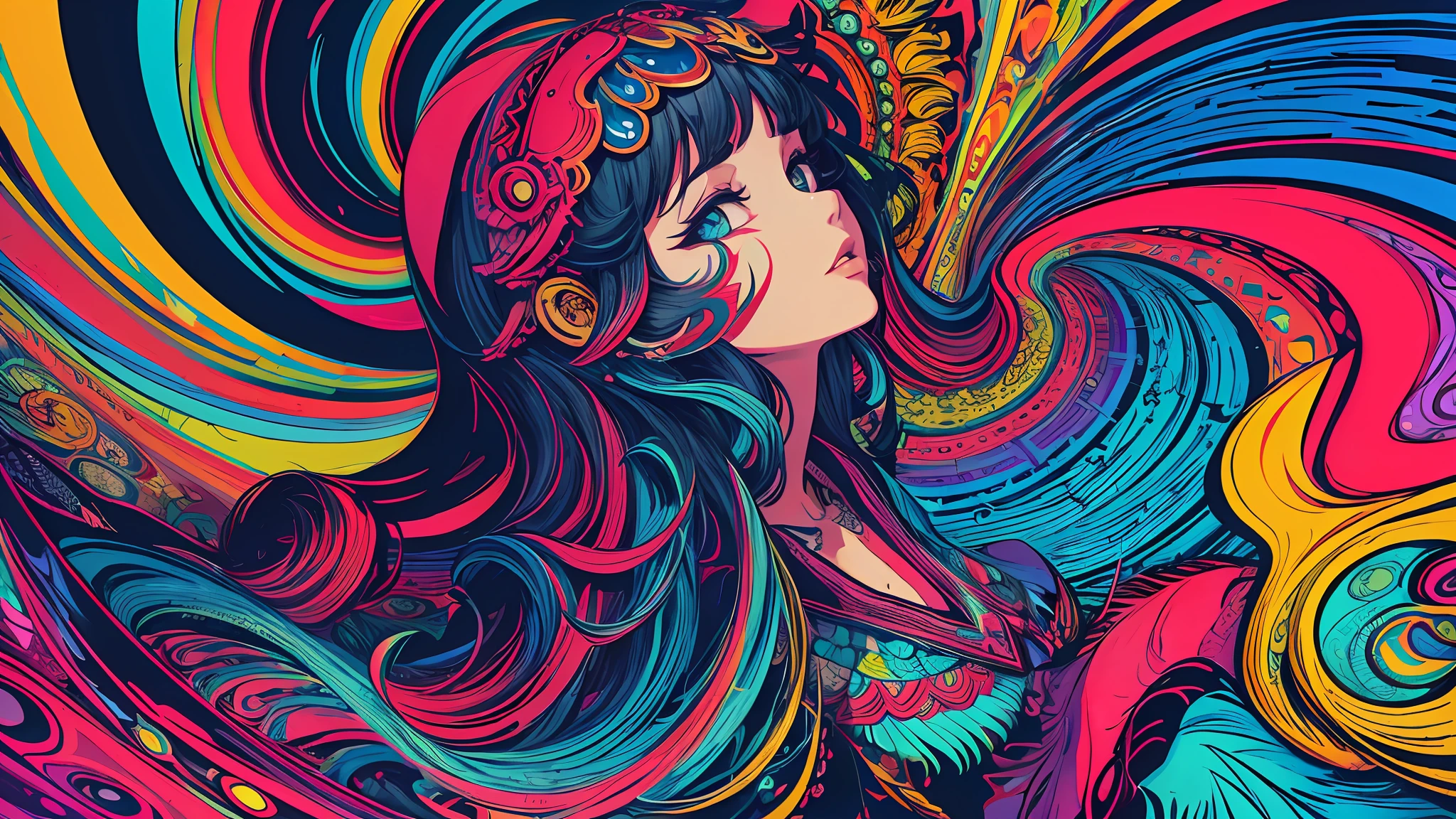 (masterpiece, best quality:1.3), 1girl, cel shading, bold outlines, flat colors, sharp shadows, graphic style, (manga influence), clean linework, (striking visuals),multicolored background, (Psychedelic Art:1.3), Geometric pattern