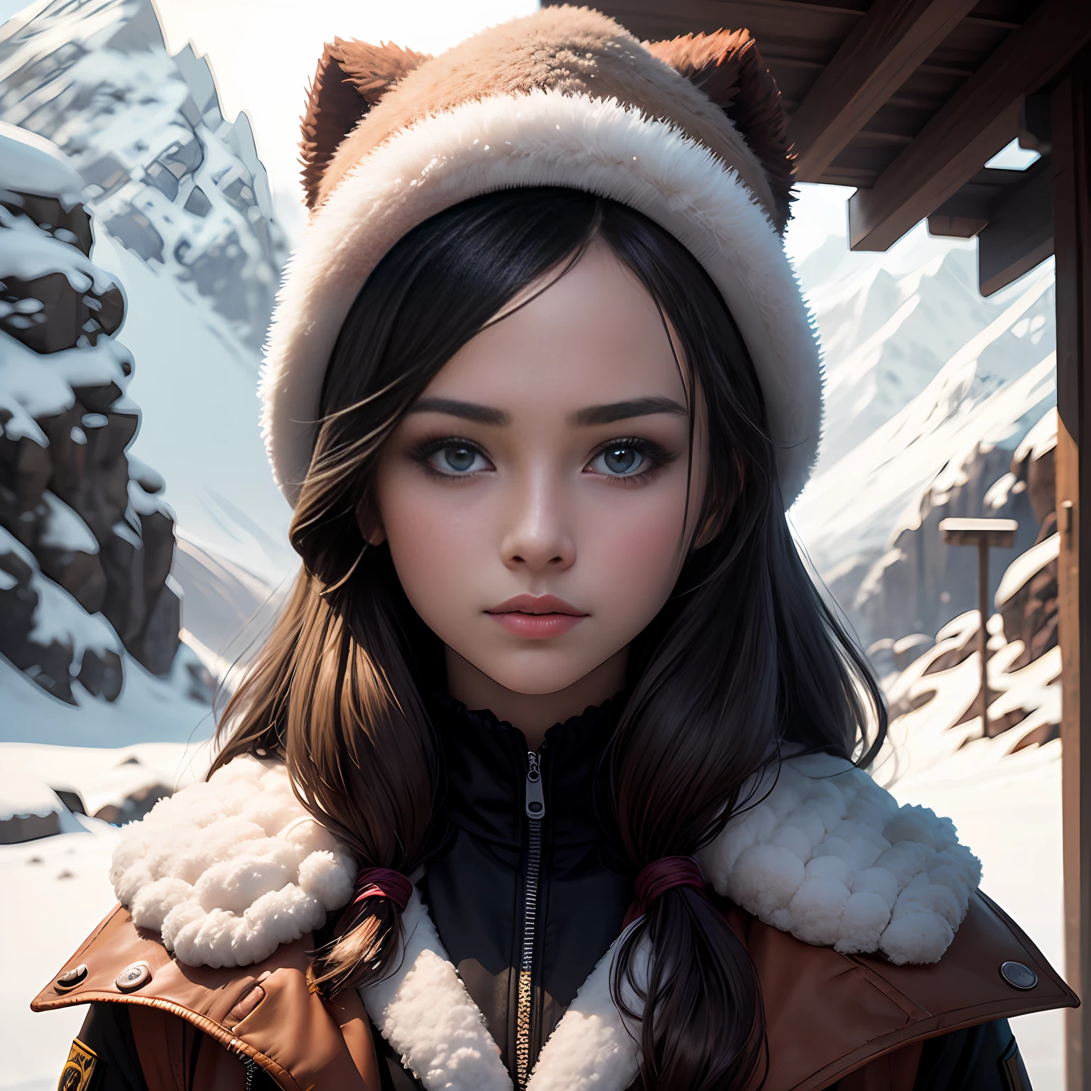 A beautiful portrait of a beautiful young girl, 25 years old, highly detail, HDR, portrait photography, snow mountain cap backgound, camera looking straight, cinematic look, HD