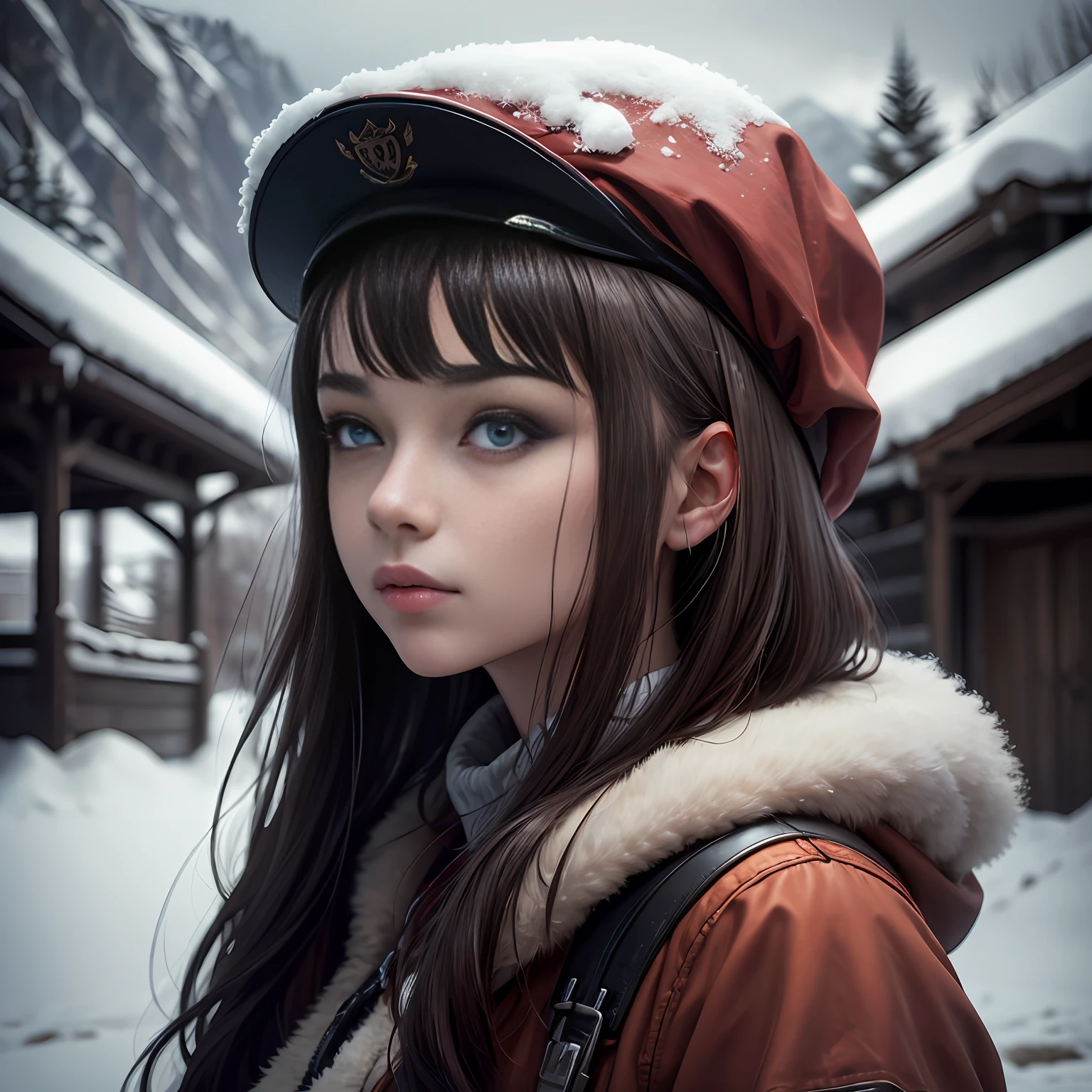 A beautiful portrait of a beautiful young girl, 25 years old, highly detail, HDR, portrait photography, snow mountain cap backgound, camera looking straight, cinematic look, HD