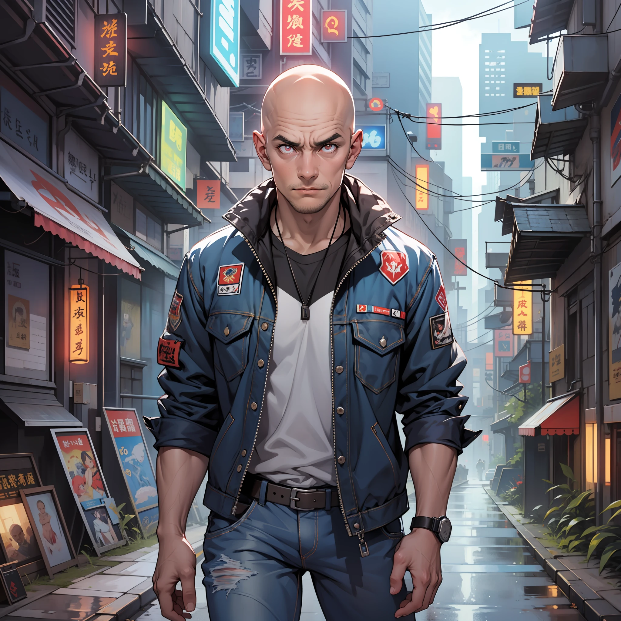 ((master masterpiece、best-quality、Ultra-fine、high-definition))、solo、Man in his 50s、Asian、Glowing black eyes、Perfect narrow eyes、bald、Wrinkled face、Nasolabial fold、There are many spots on the face、Checked shirt、Denim pants、action pose、fullbody shot、A lonely man acting alone in a cyberpunk world
