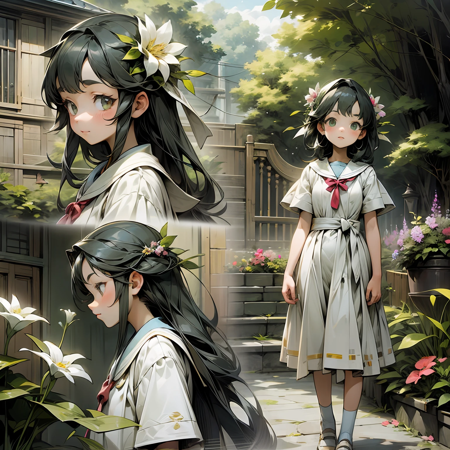 cute girls、5th grade elementary school student、the whole body、Different angles、Ghibli Style、an illustration、White dress、Flower garden