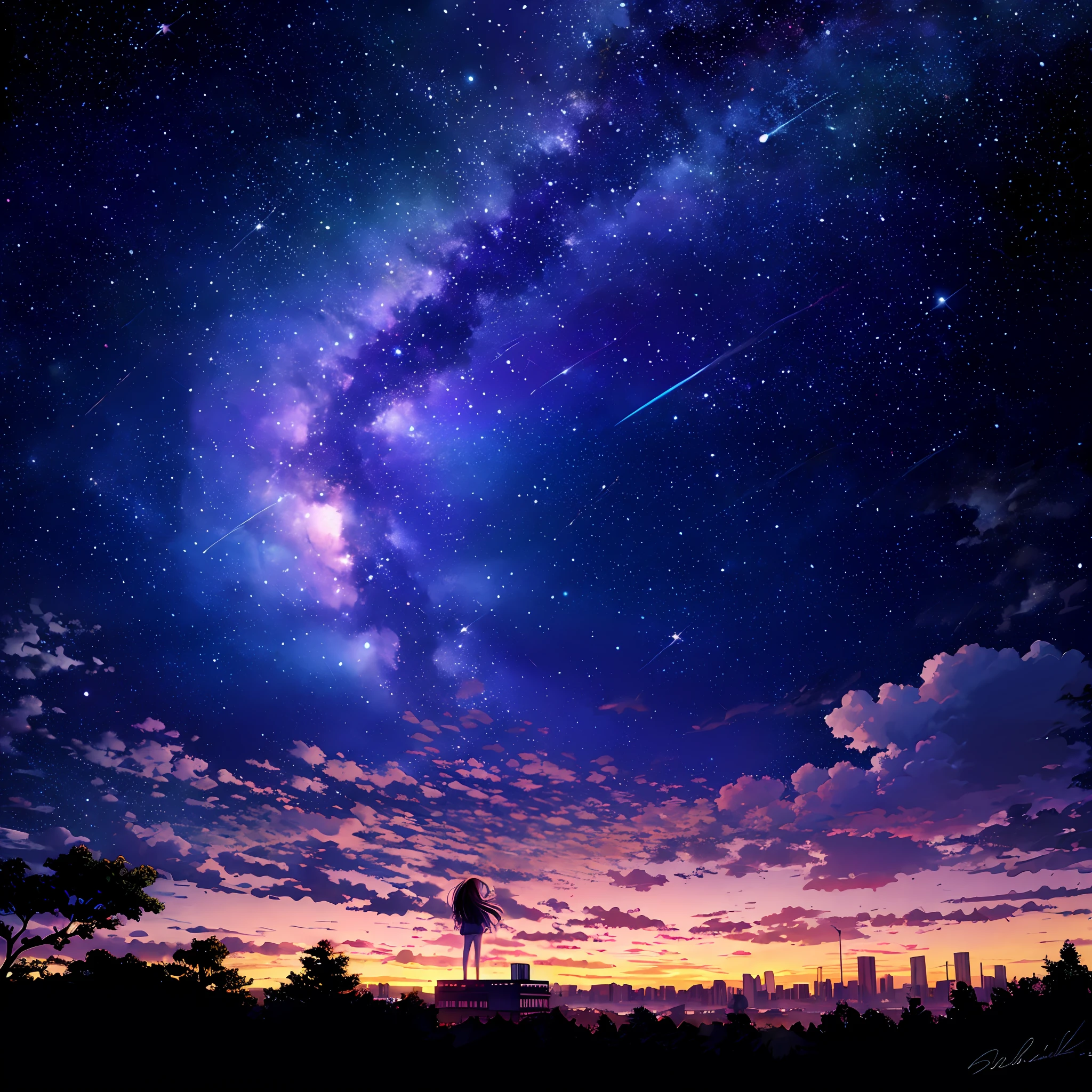 octans, sky, star (sky), scenery, starry sky, night, 1girl, night sky, solo, outdoors, building, cloud, milky way, sitting, tree, long hair, city, silhouette, cityscape