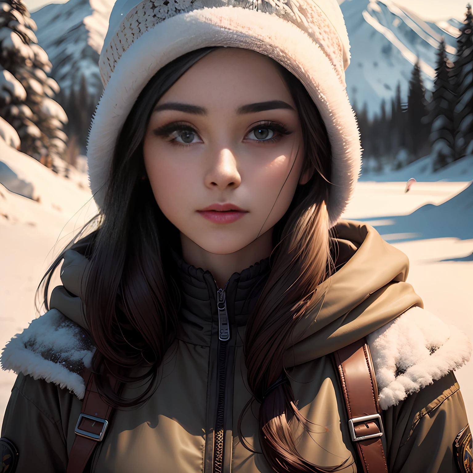 A beautiful portrait of a beautiful young girl, 25 years old, highly detail, HDR, portrait photography, snow mountain cap backgound, camera looking straight, cinematic look, HD