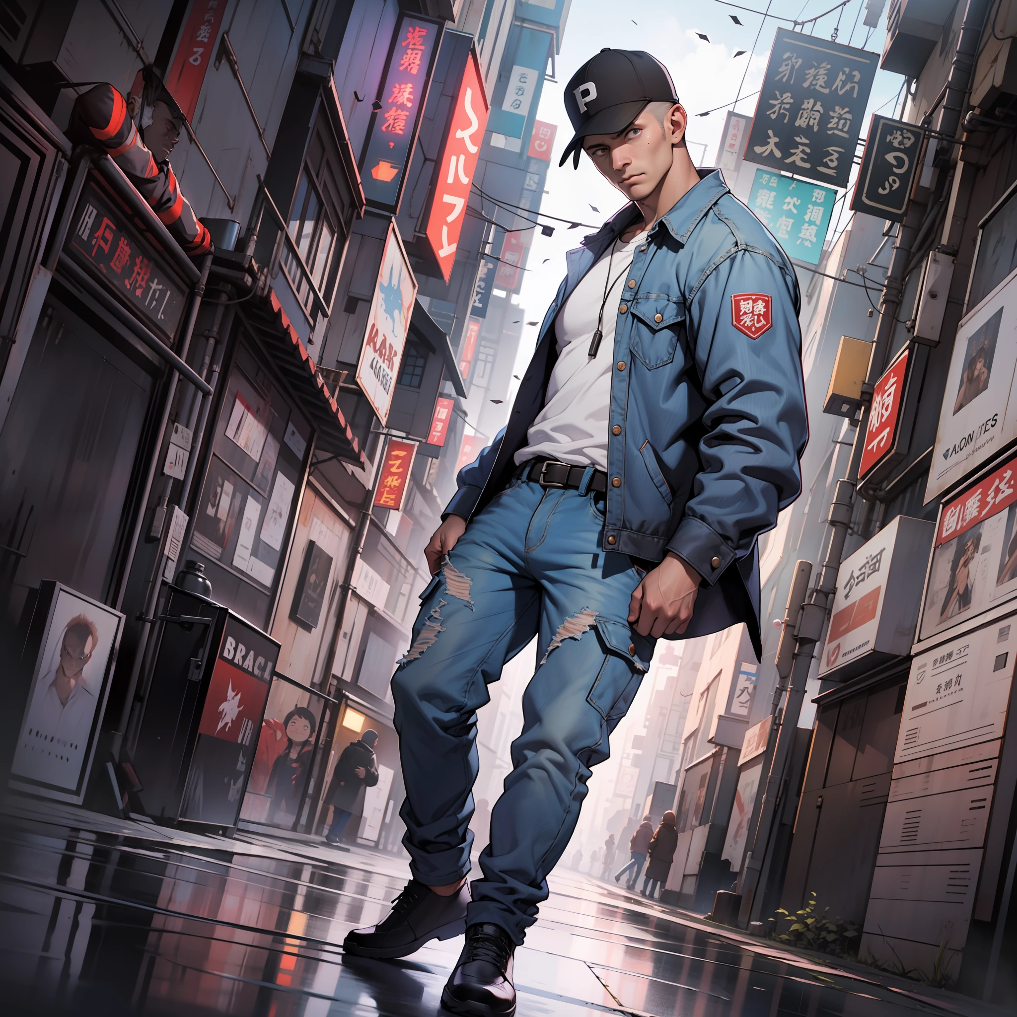 ((master masterpiece、best-quality、Ultra-fine、high-definition))、solo、Man in his 50s、Asian、Glowing black eyes、Perfect narrow eyes、bald、Wrinkled face、Nasolabial fold、There are many spots on the face、Checked shirt、Denim pants、action pose、fullbody shot、A lonely man acting alone in a cyberpunk world