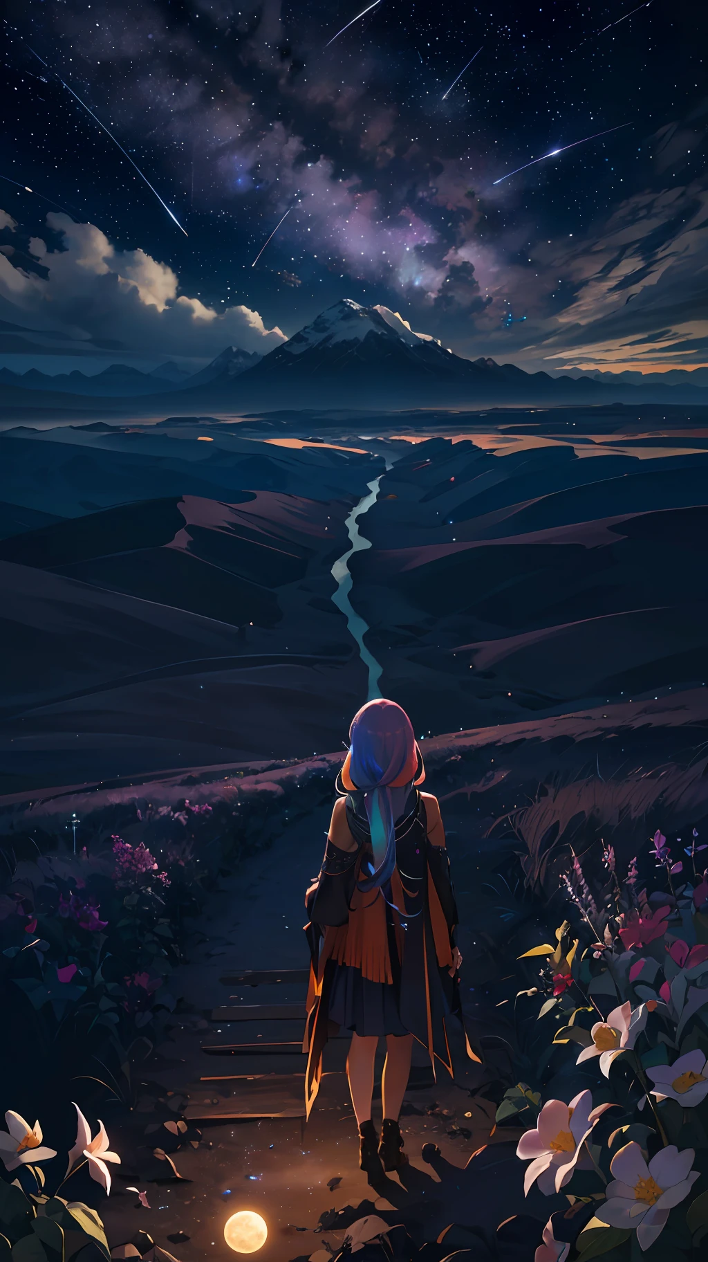 Multi-colored spectrum, Extensive landscape photography (Bottom view with sky and desert view below),  girl, standing on a flower field, Looking Up, (full moon: 1,2), (shooting star: 0,9), (nebula: 1,3), A Distant Mountain, The Art of Scrap Tree Production, (Warm light source: 1,2), (Firefly: 1,2), lamp, purple and orange, Intricate details, Volumetric lighting, The rupture of realism (masterpiece: 1,2) (Best Quality),  4k, Ultra-detailed, (Dynamic configuration: 1.4), Highly detailed and colorful details, (iridescent colors: 1.2), (Luminous lighting, atmospheric lighting), dreamy, magic, (solo: 1.2)