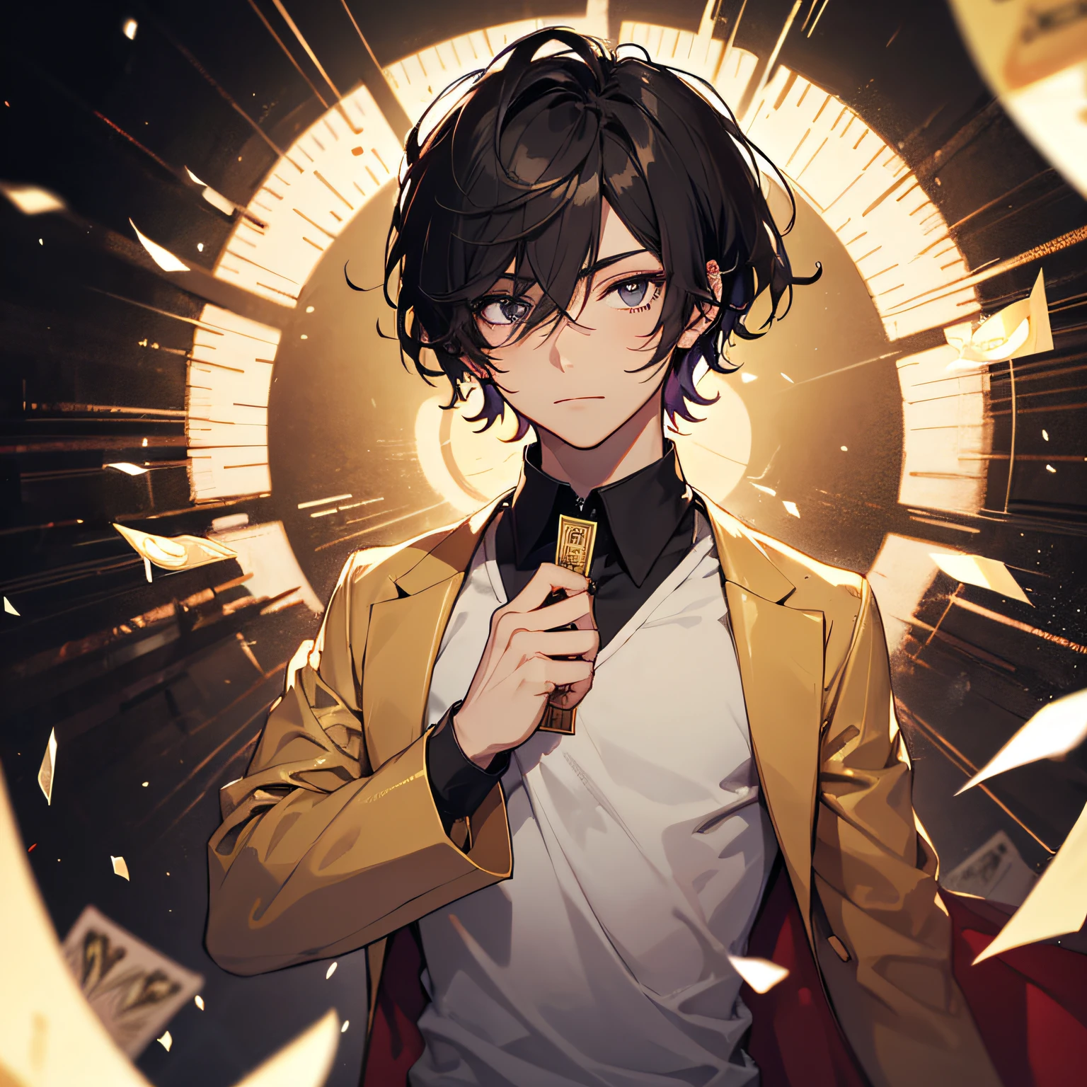 cartoony,Boys,Male focus,Dark hair,Hold gold cards,Hair is sandwiched between the eyes,looking at the viewer,bachelorhood,Upper body,Long sleeves,a short hair,shirt