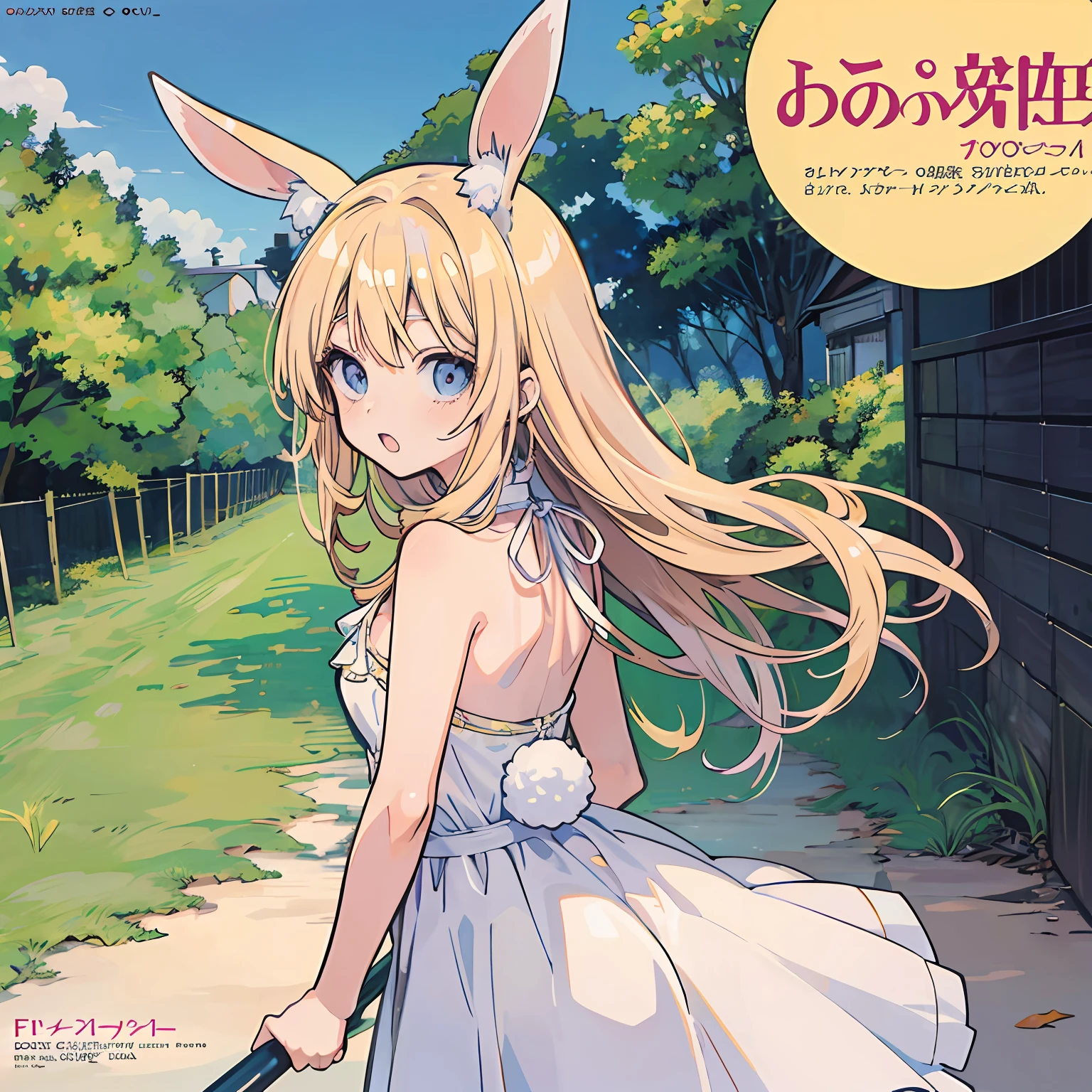 Rabbit-eared girl Way back in the evening Country roads White dress ((Manga style:1.5)) ((Anime style))