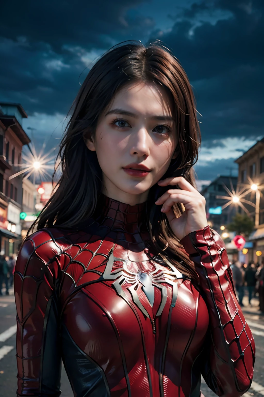 (wearing spiderwoman_cosplay_outfit:1.1), in front of a sky, 
good hand,4k, high-res, masterpiece, best quality, head:1.3,((Hasselblad photography)), finely detailed skin, sharp focus, (cinematic lighting), night, soft lighting, dynamic angle, [:(detailed face:1.2):0.2], medium breasts, outside,