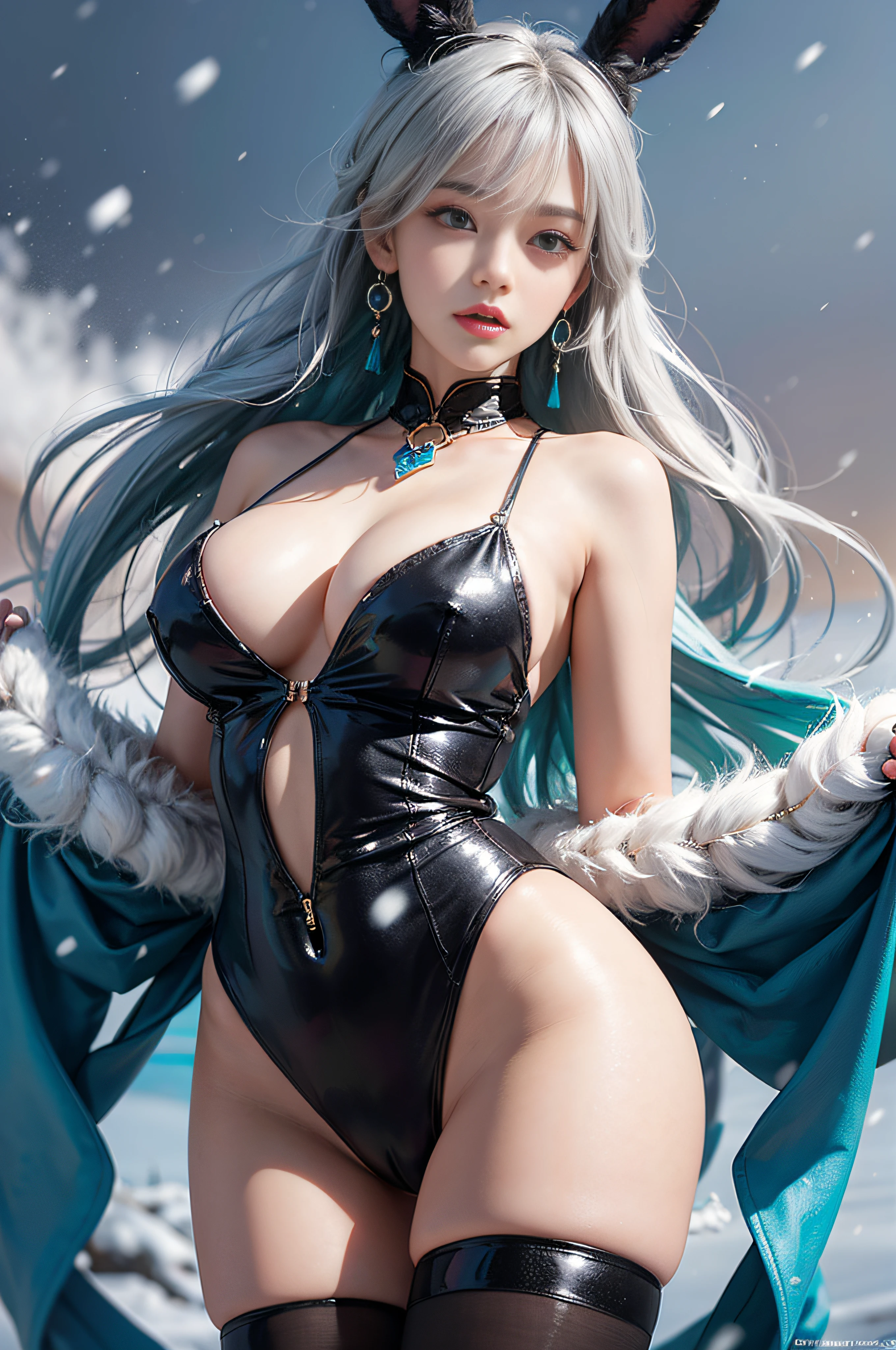 (high-definition), (absurdres), (Best Quality), (High Quality), (masterpiece), 1girle, shenhe \(Genshin impact\), Long Hair, Silver Hair, Large breasts, arms behind back, (Playboy Bunny), leotard, black thighhighs, Rabbit ears, hair over one eye, single braid, rainbow eyes, underboob, jewelry, look at viewer, hair ornament, tassel earrings, fantasy, out door, storm, snowing, snowing, ice,