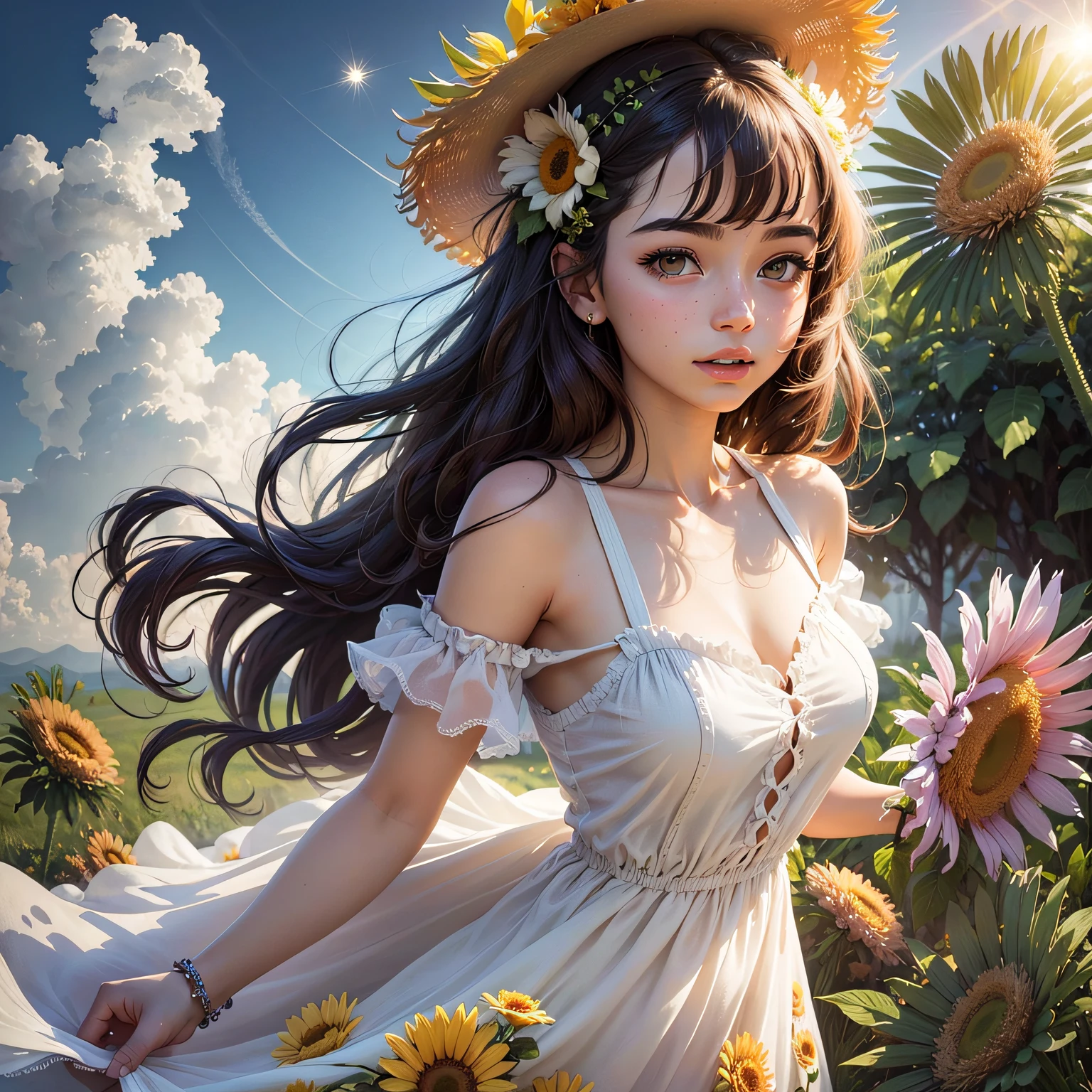 1girl with a very long hair, hair over eyes, black hair, blue eyes, closed eyes, laughing, smile, open arms, windmill, sunflower camp scenery, light colors, dappled sunlight, warm,