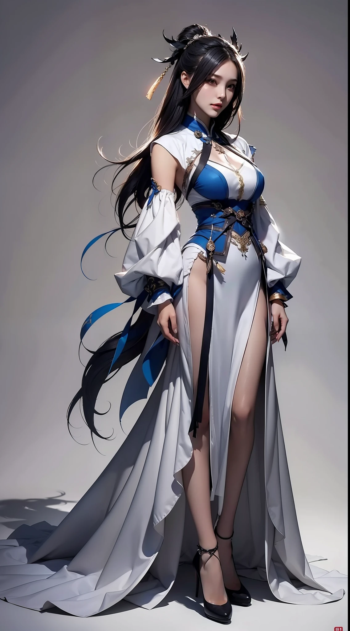 1 woman, full body, white background, xianxia, long hair, gorgeous hair accessories, hanfu, high detail, sketch, denoising, cinematic grade, white background, super high resolution, best shadow, sharp focus, masterpiece, (very detailed CG unified 8k wallpaper)