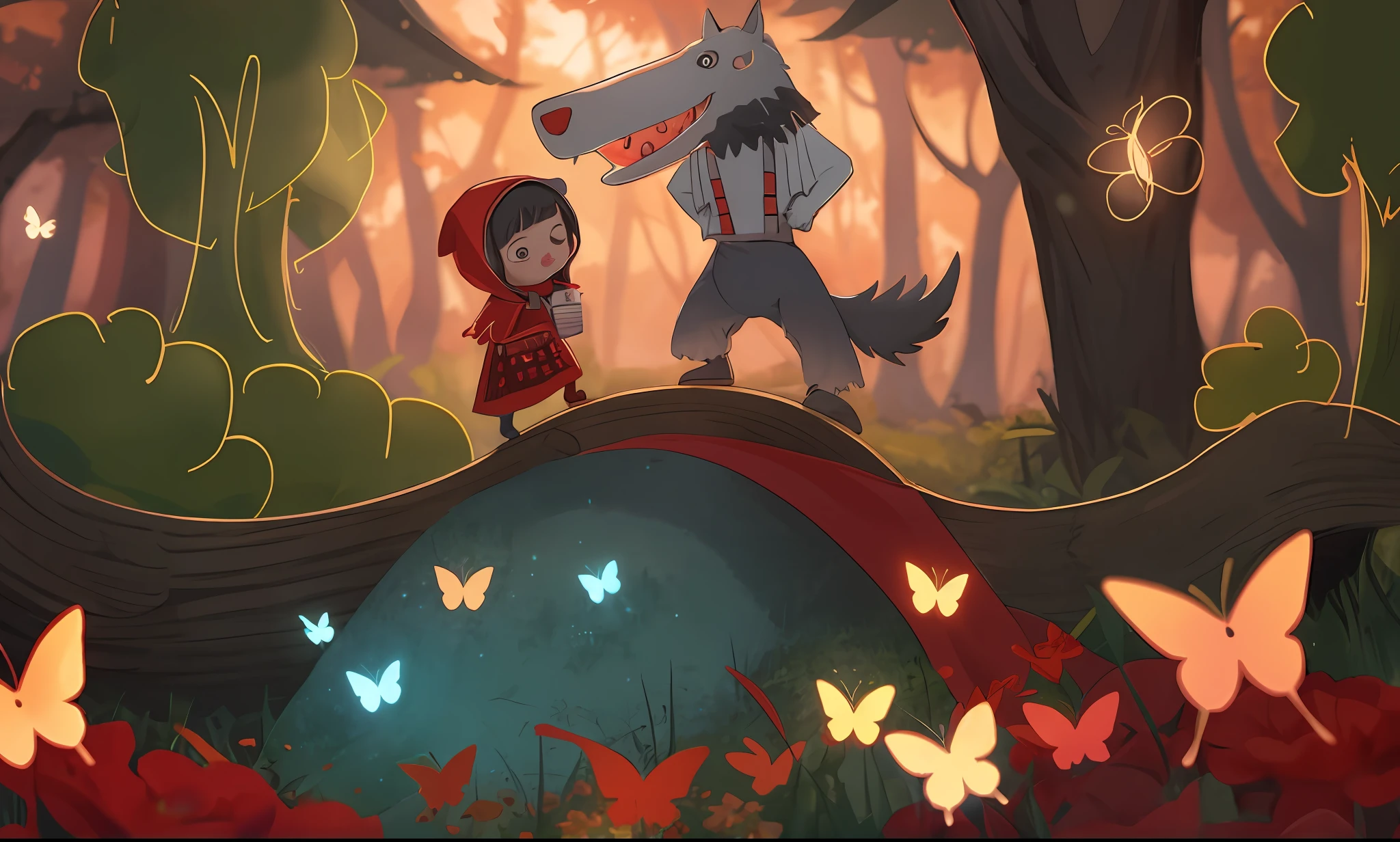 Little Red Riding Hoodie and Caricature in Wolf, red riding hood, big bad wolf, illustration for children, fairy-tale illustration style, childrens illustration, fairy tale illustration, childrenbook illustration, childrenbook illustration, Illustration of toddlers, story book illustration, story book illustration。tree。Lawn,butterflies,Lovely drawing style。rich color,Harmony and unity