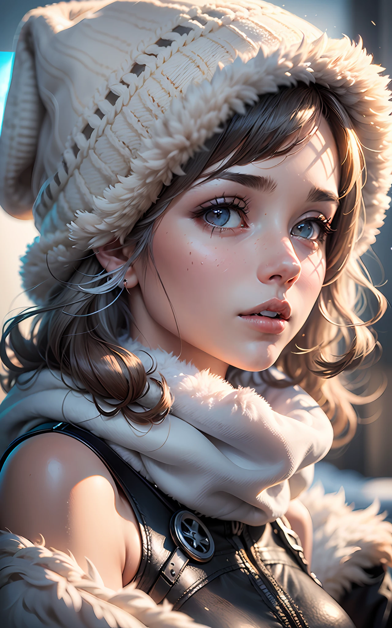 (award winning 64k concept art:1.2) of (young woman:1.2), fluffy, in fluffy coat, winter hat, sweet, holding her breath, front, epic, god rays, (portrait:1.2), (masterpiece:1.2), (best quality:1.3), Amazing, highly detailed, beautiful, finely detailed, warm soft color grading, (Depth of field:1.4), extremely detailed 64k, fine art, stunning, (light reflections:1), (crisp:1.6), silver short curls, winter, vibrant, sunlit, (edge detection:1.4), absurdres, impressive, 120mm, extremely clear, lens flare, motion lines