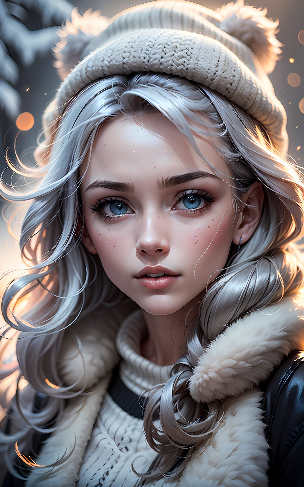 (award winning 64k concept art:1.2) of (young woman:1.2), fluffy, in fluffy coat, winter hat, sweet, holding her breath, front, epic, god rays, (portrait:1.2), (masterpiece:1.2), (best quality:1.3), Amazing, highly detailed, beautiful, finely detailed, warm soft color grading, (Depth of field:1.4), extremely detailed 64k, fine art, stunning, (light reflections:1), (crisp:1.6), silver short curls, winter, vibrant, sunlit, (edge detection:1.4), absurdres, impressive, 120mm, extremely clear, lens flare, motion lines