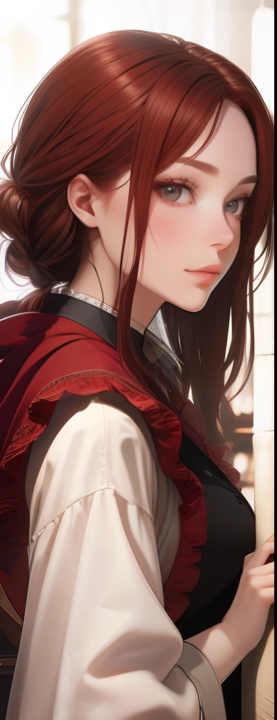 2D low detail illustration of beautiful red-haired women in long robe, pink color with ruffles on the hood, apron