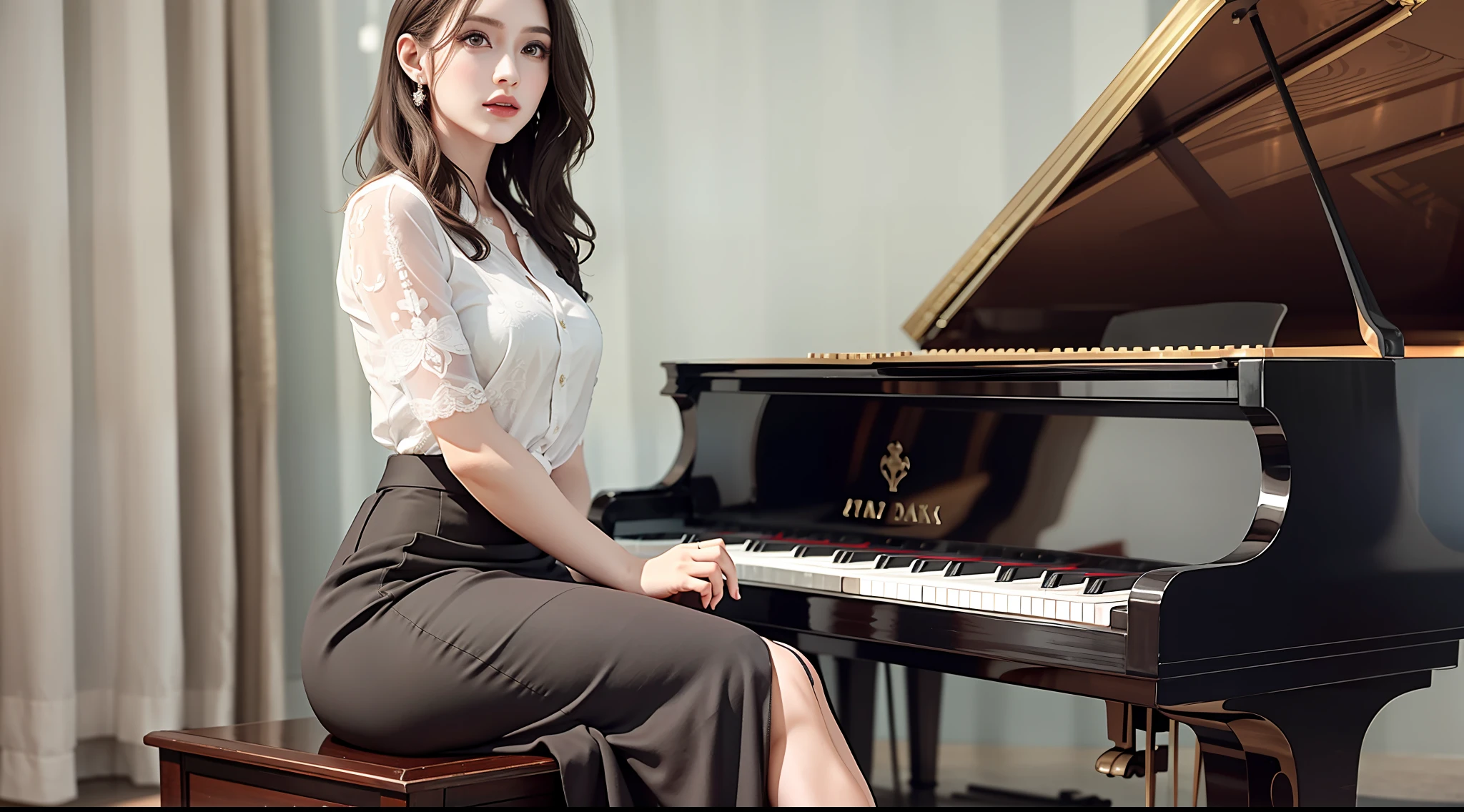 beautiful lighting, real life, beautiful professional women, wear maxi skirt, stand beside piano, eye looking to camera , show full body view with legs, intricate, high detail, sharp focus, ultra realistic, 8K, masterpiece, best quality, high quality