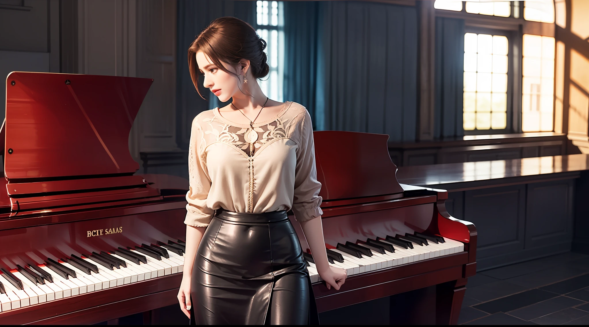 beautiful lighting, real life, beautiful professional women, wear maxi skirt, stand beside piano, eye looking to camera , show full body view with legs, intricate, high detail, sharp focus, ultra realistic, 8K, masterpiece, best quality, high quality