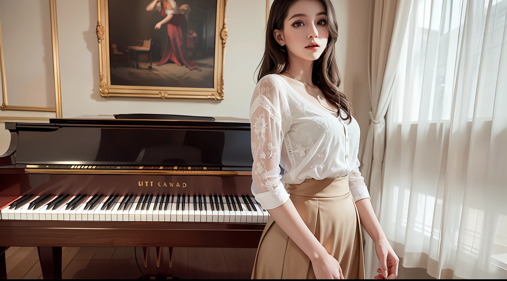beautiful lighting, real life, beautiful professional women, wear maxi skirt, stand beside piano, eye looking to camera , show full body view with legs, intricate, high detail, sharp focus, ultra realistic, 8K, masterpiece, best quality, high quality